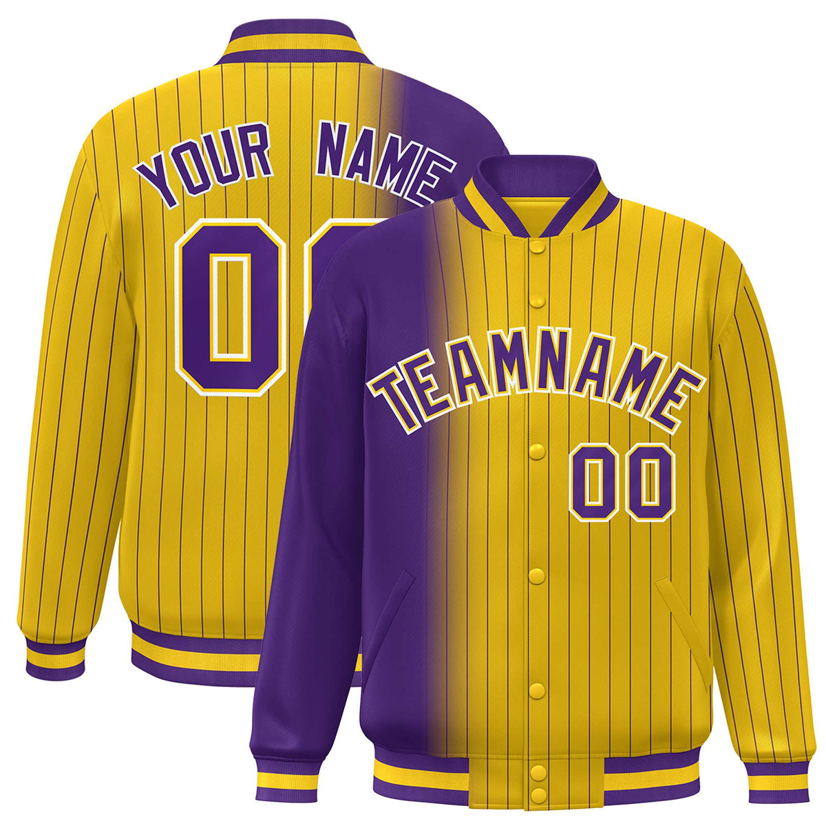 Custom Gold Purple Pinstripe White-Purple Gradient Fashion Varsity Full-Snap Jacket