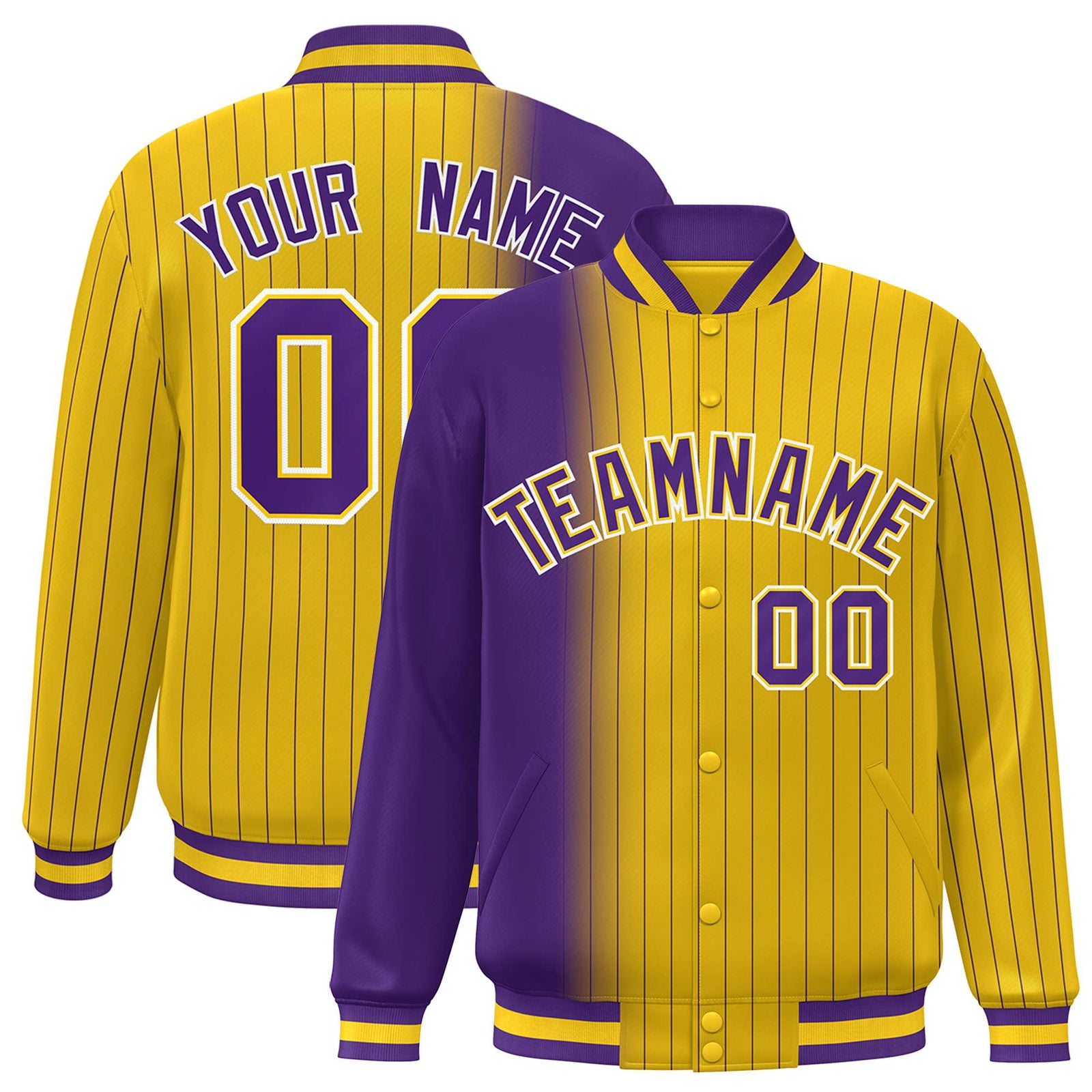Custom Gold Purple Pinstripe White-Purple Gradient Fashion Varsity Full-Snap Jacket