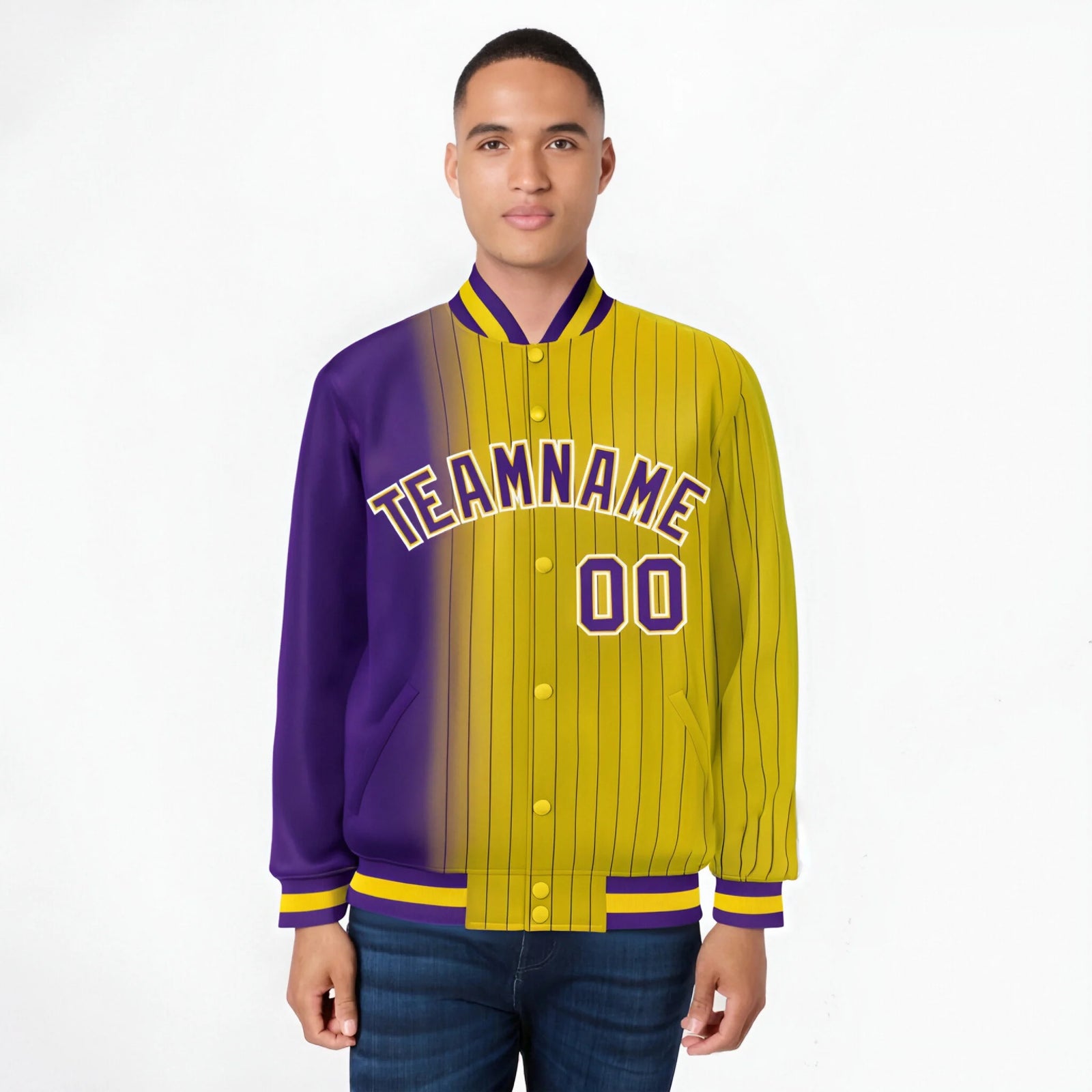 Custom Gold Purple Pinstripe White-Purple Gradient Fashion Varsity Full-Snap Jacket