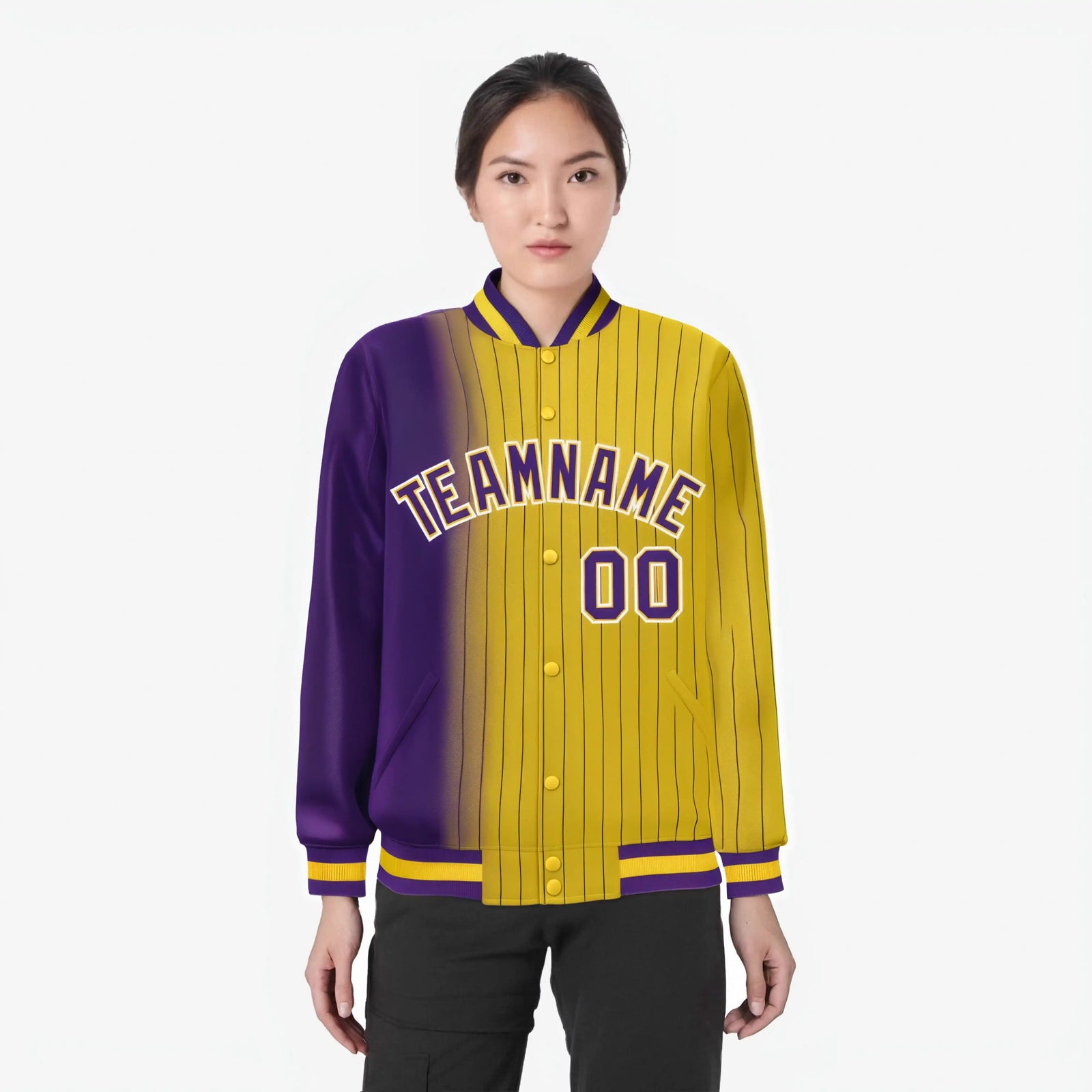 Custom Gold Purple Pinstripe White-Purple Gradient Fashion Varsity Full-Snap Jacket