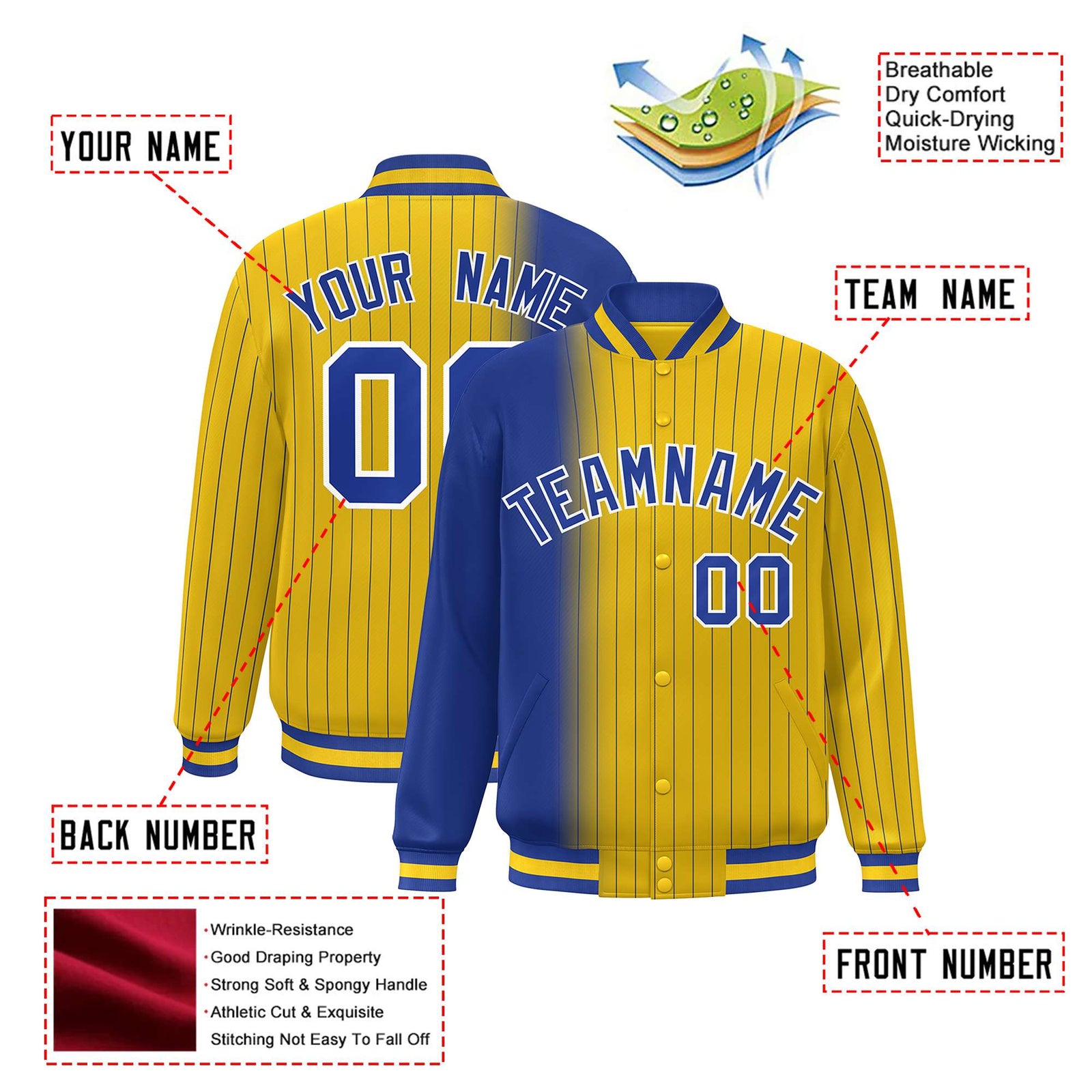 Custom Gold Royal-Blue Pinstripe White-Royal Blue Gradient Fashion Varsity Full-Snap Jacket