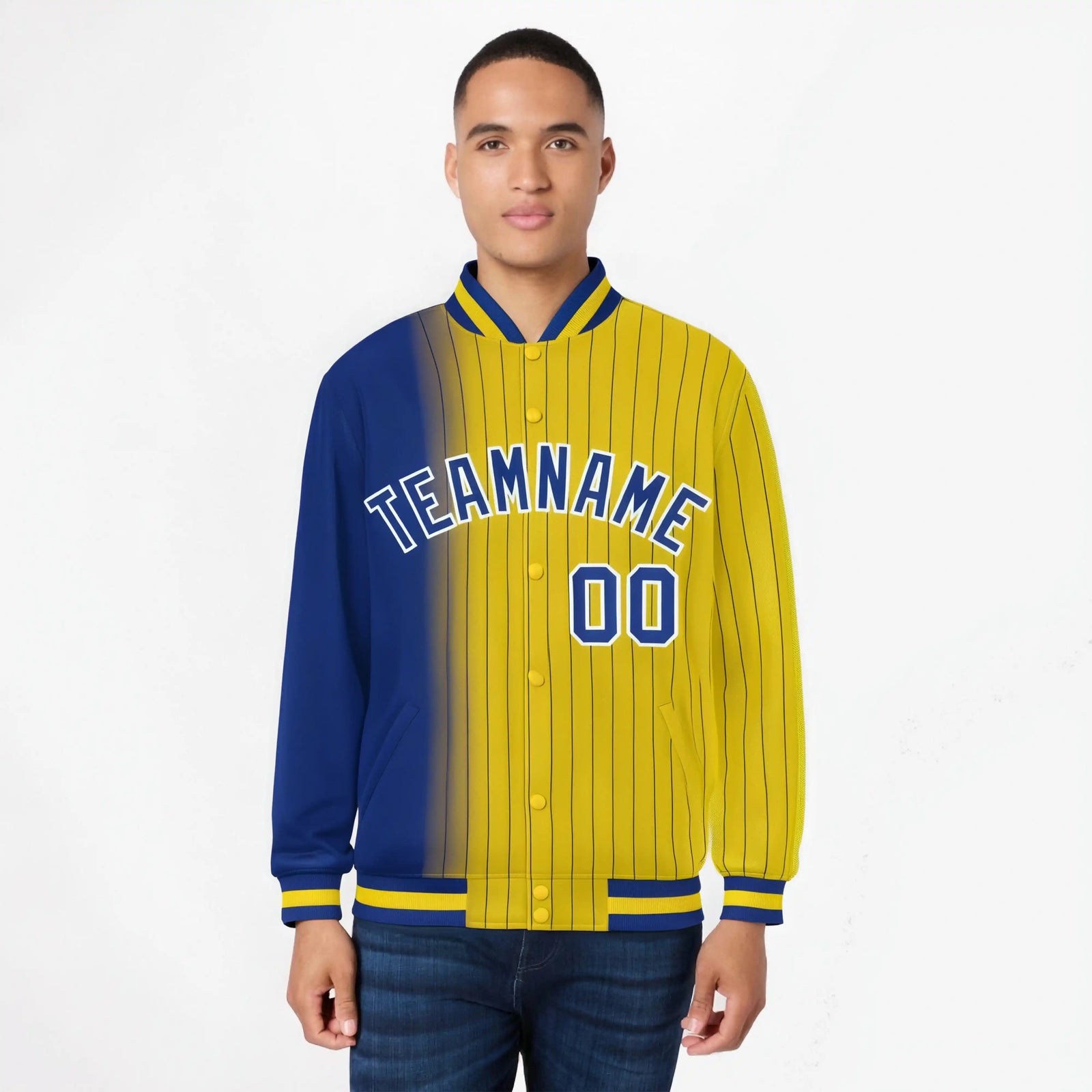 Custom Gold Royal-Blue Pinstripe White-Royal Blue Gradient Fashion Varsity Full-Snap Jacket