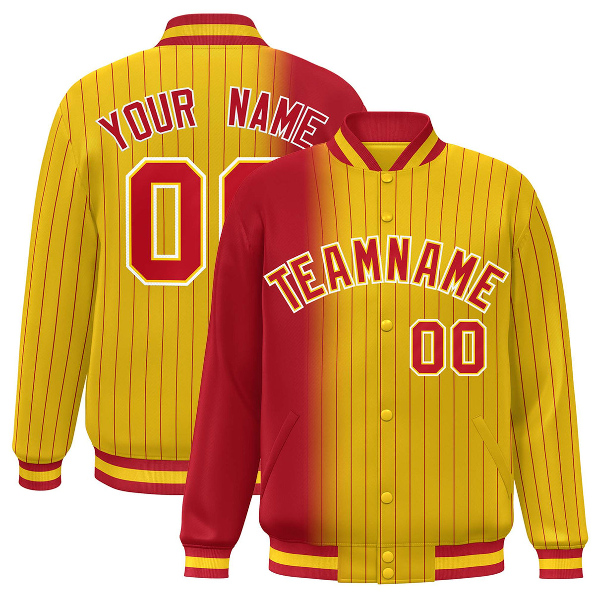 Custom Gold Red Pinstripe White-Red Gradient Fashion Varsity Full-Snap Jacket