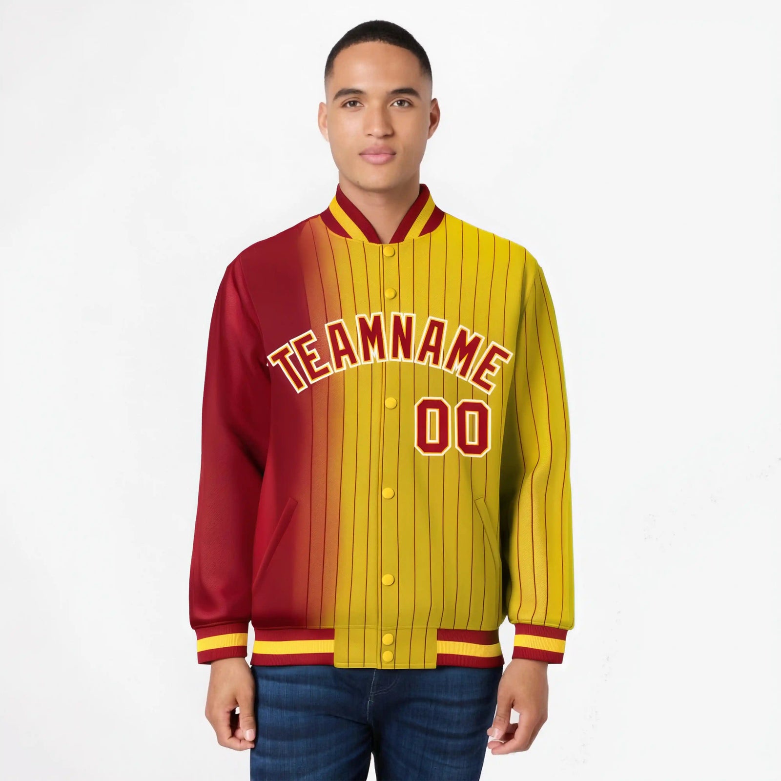 Custom Gold Red Pinstripe White-Red Gradient Fashion Varsity Full-Snap Jacket