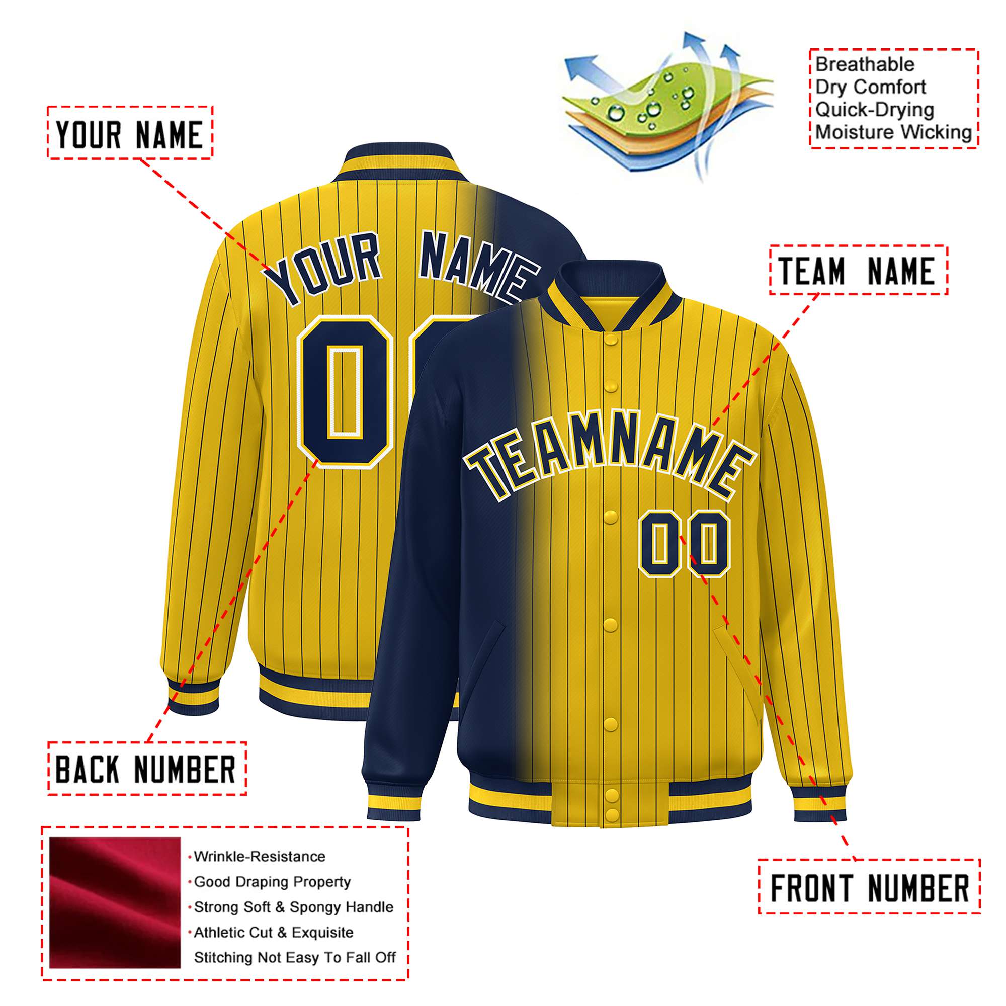 Custom Gold Navy Pinstripe White-Navy Gradient Fashion Varsity Full-Snap Jacket