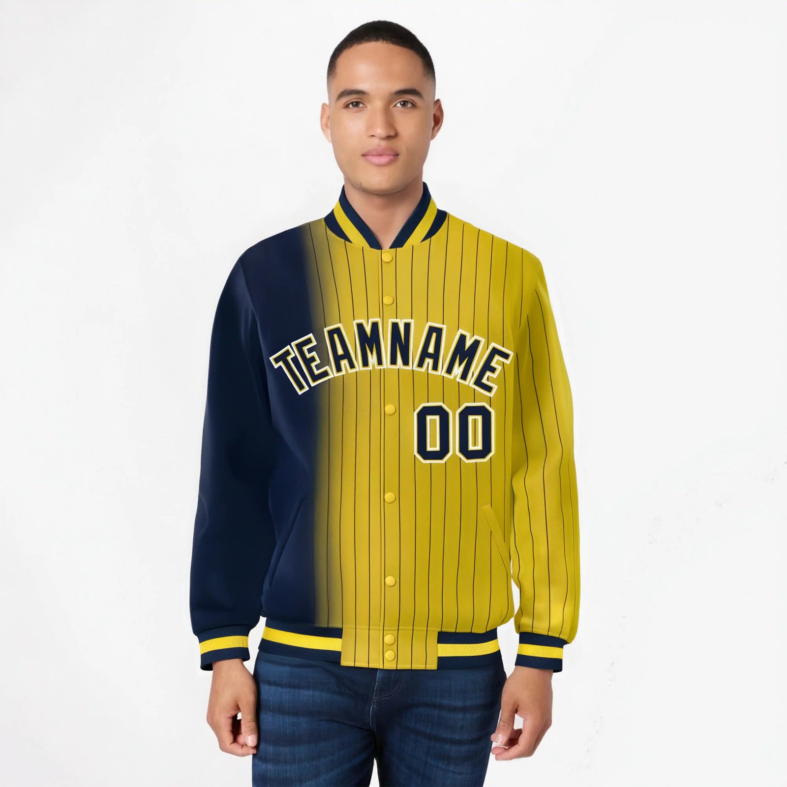 Custom Gold Navy Pinstripe White-Navy Gradient Fashion Varsity Full-Snap Jacket