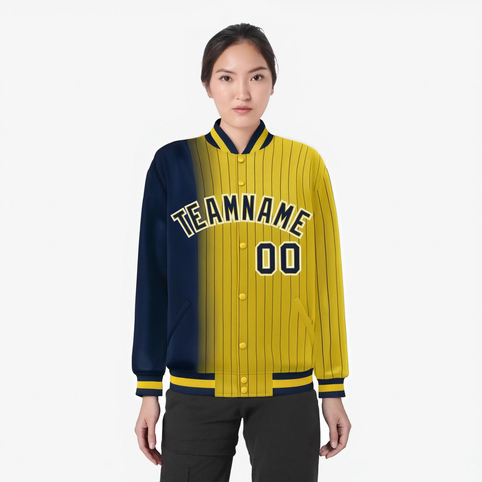 Custom Gold Navy Pinstripe White-Navy Gradient Fashion Varsity Full-Snap Jacket