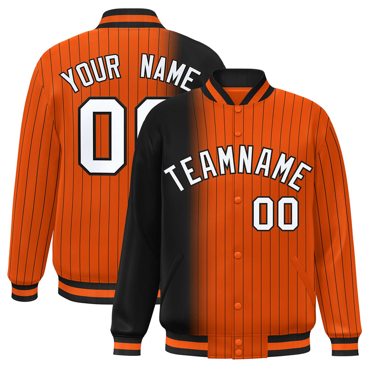 Custom Orange Black Pinstripe White-Black Gradient Fashion Varsity Full-Snap Jacket