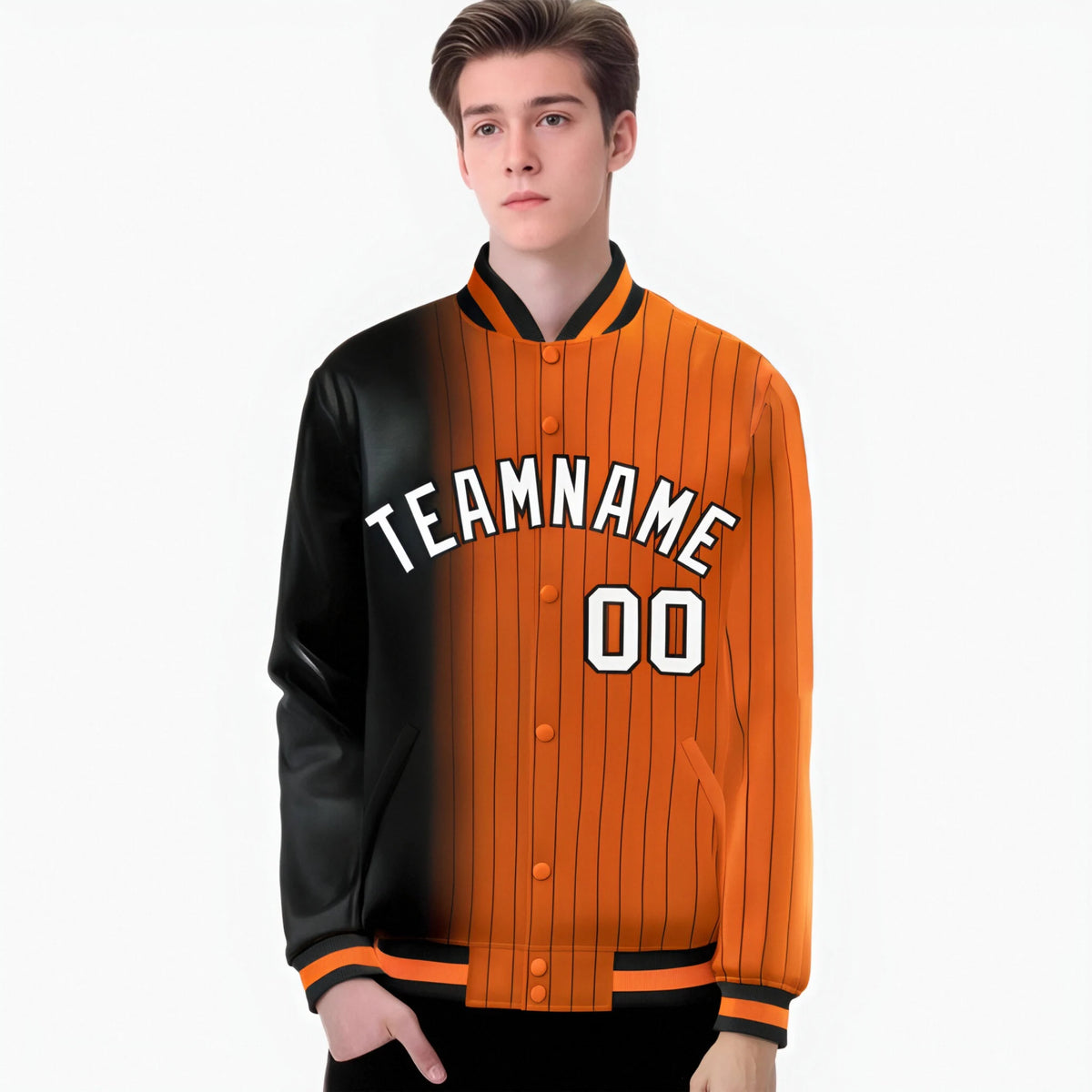Custom Orange Black Pinstripe White-Black Gradient Fashion Varsity Full-Snap Jacket