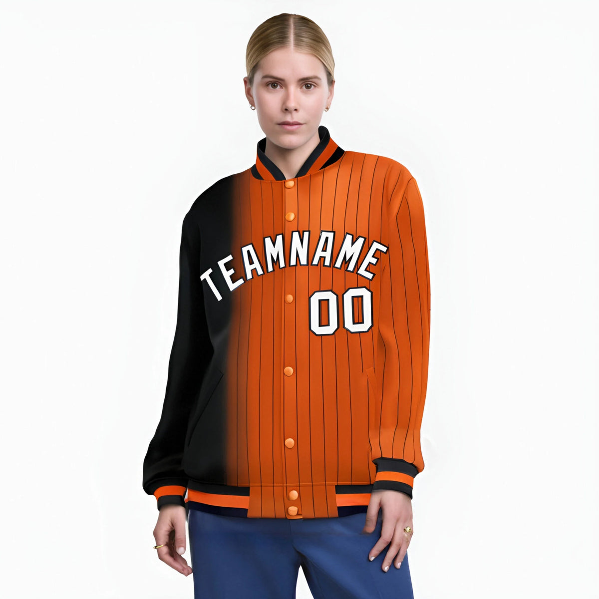 Custom Orange Black Pinstripe White-Black Gradient Fashion Varsity Full-Snap Jacket