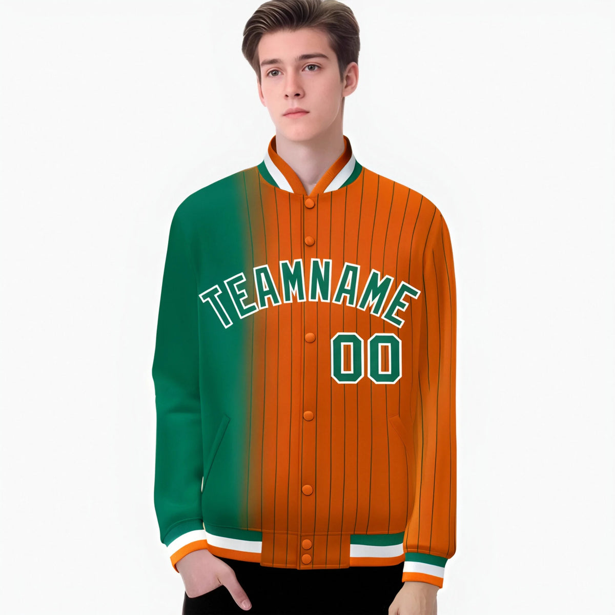 Custom Orange Kelly Green Pinstripe White-Kelly Green Gradient Fashion Varsity Full-Snap Jacket