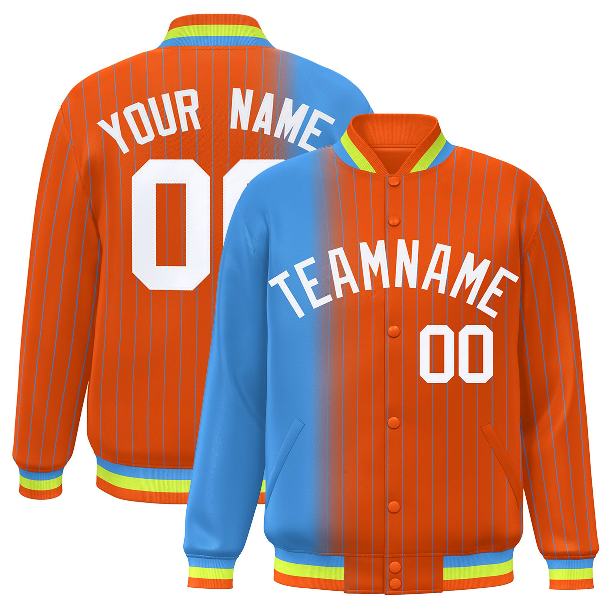 Custom Orange Powder Blue Pinstripe White-Powder Blue Gradient Fashion Varsity Full-Snap Jacket