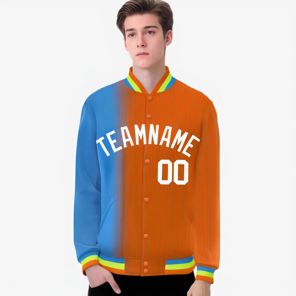 Custom Orange Powder Blue Pinstripe White-Powder Blue Gradient Fashion Varsity Full-Snap Jacket