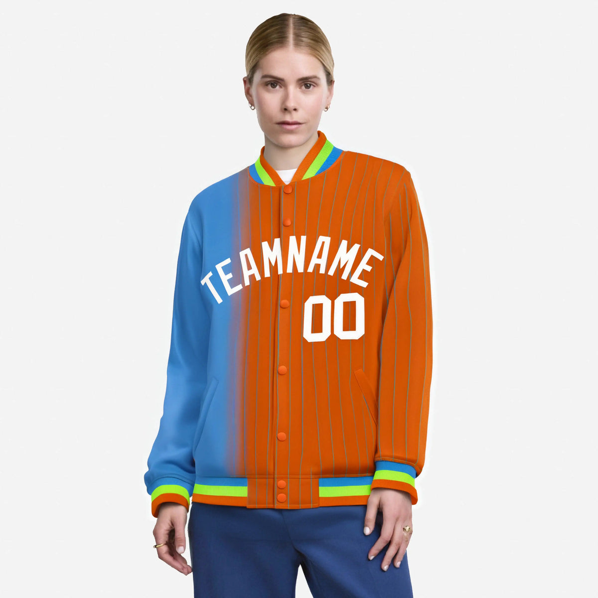 Custom Orange Powder Blue Pinstripe White-Powder Blue Gradient Fashion Varsity Full-Snap Jacket