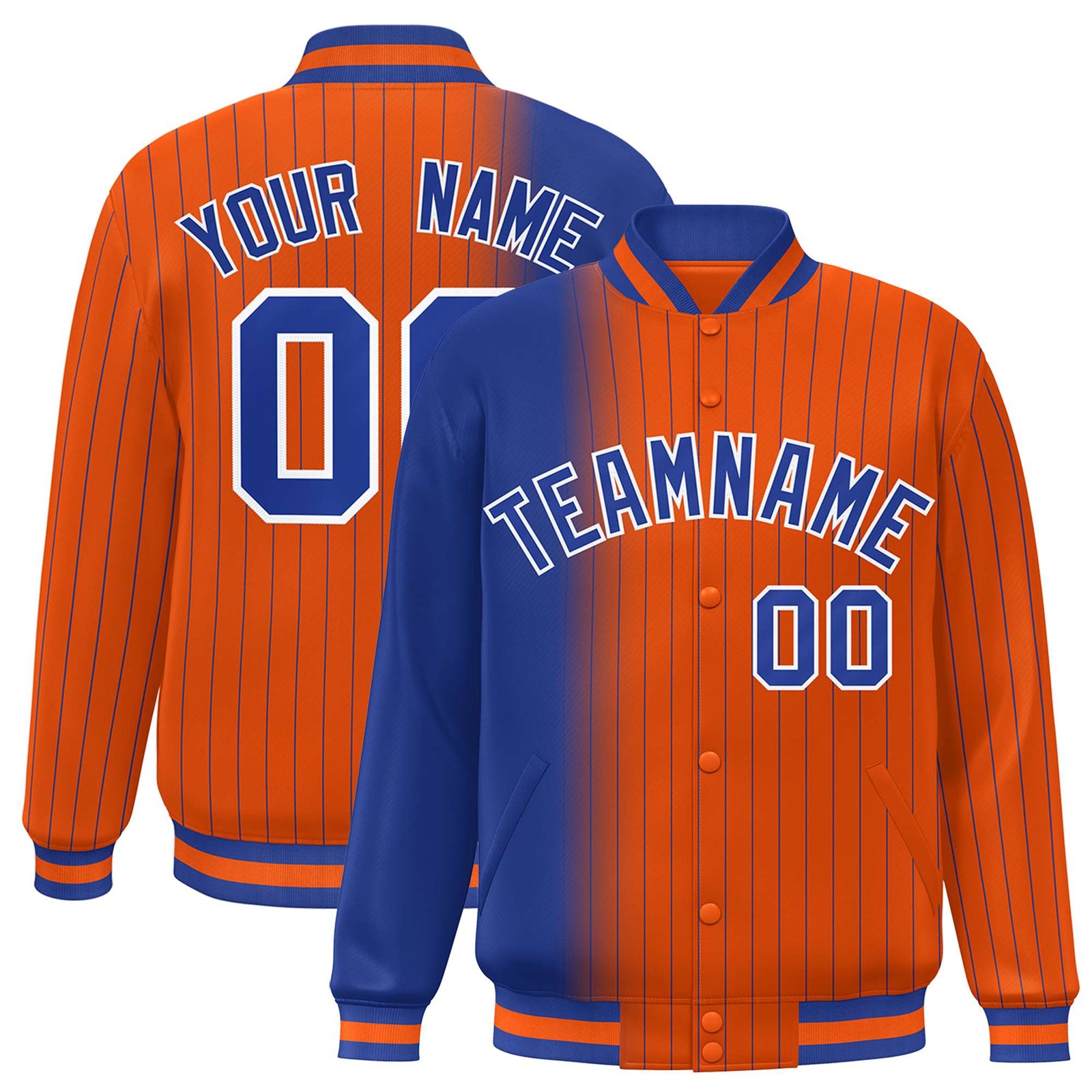 Custom Orange Royal Blue Pinstripe White-Royal Blue Gradient Fashion Varsity Full-Snap Jacket