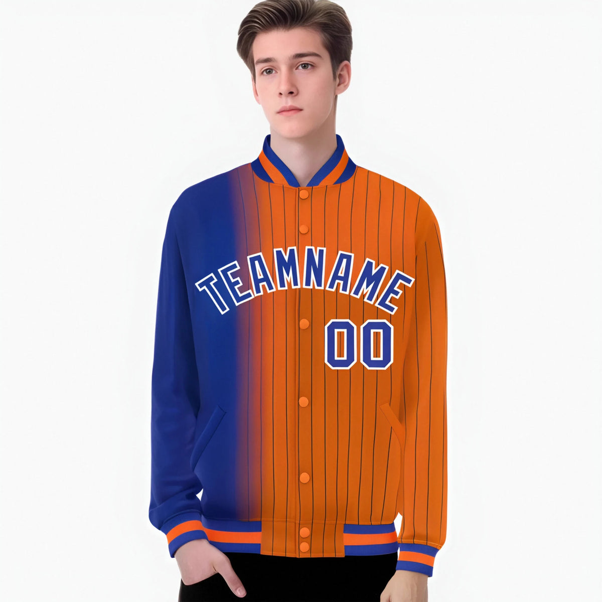 Custom Orange Royal Blue Pinstripe White-Royal Blue Gradient Fashion Varsity Full-Snap Jacket