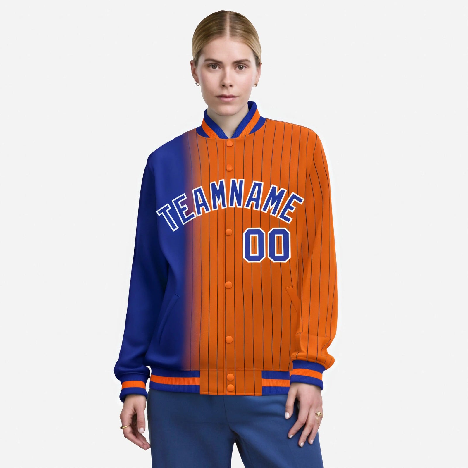 Custom Orange Royal Blue Pinstripe White-Royal Blue Gradient Fashion Varsity Full-Snap Jacket