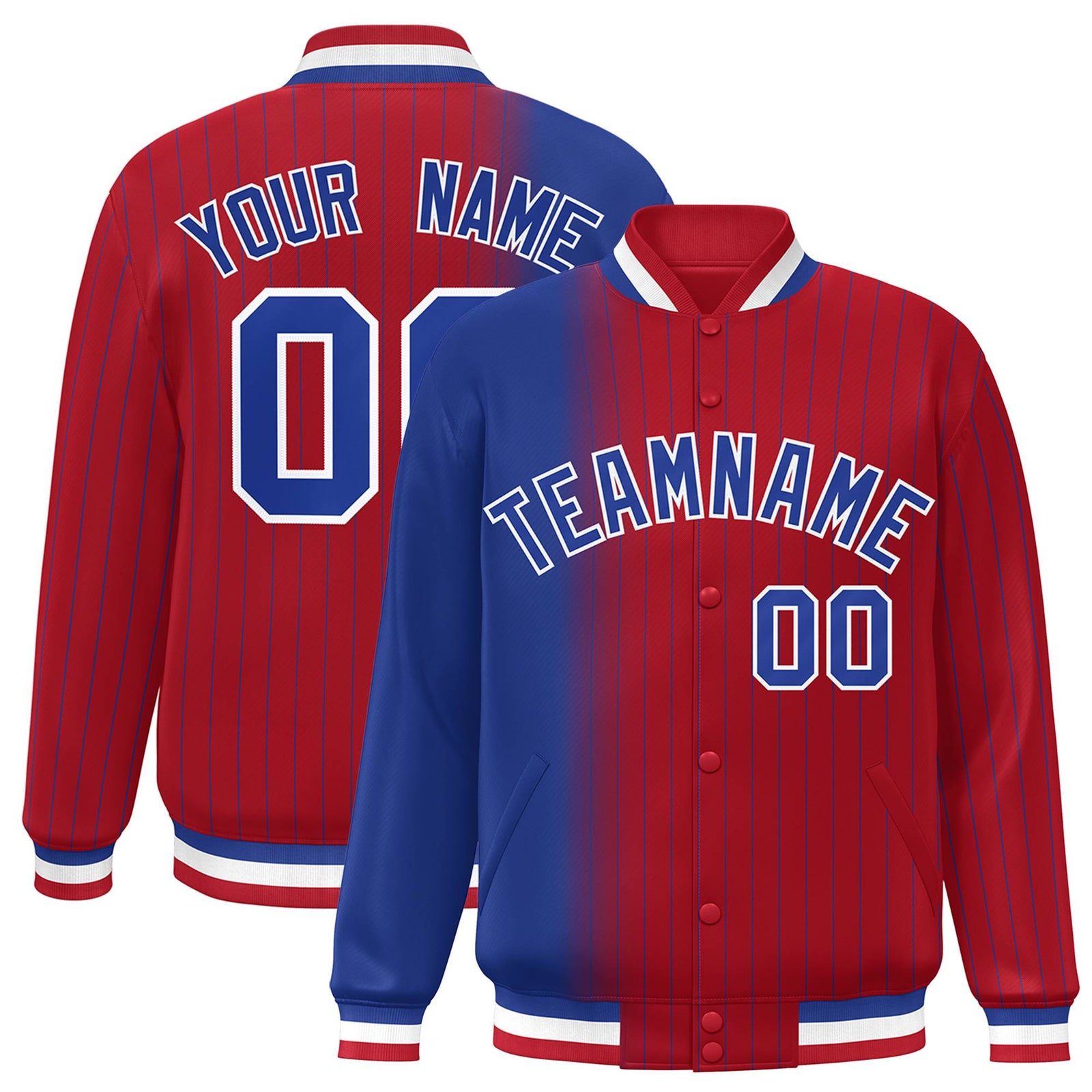 Custom Red Royal Blue Pinstripe White-Royal Blue Gradient Fashion Varsity Full-Snap Jacket