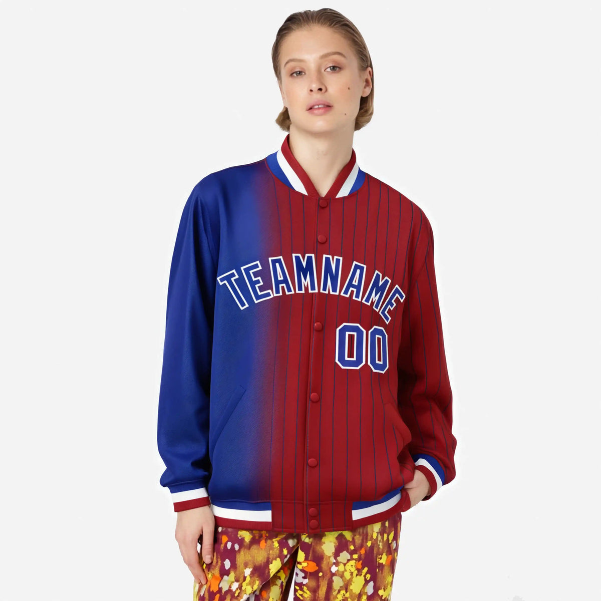 Custom Red Royal Blue Pinstripe White-Royal Blue Gradient Fashion Varsity Full-Snap Jacket