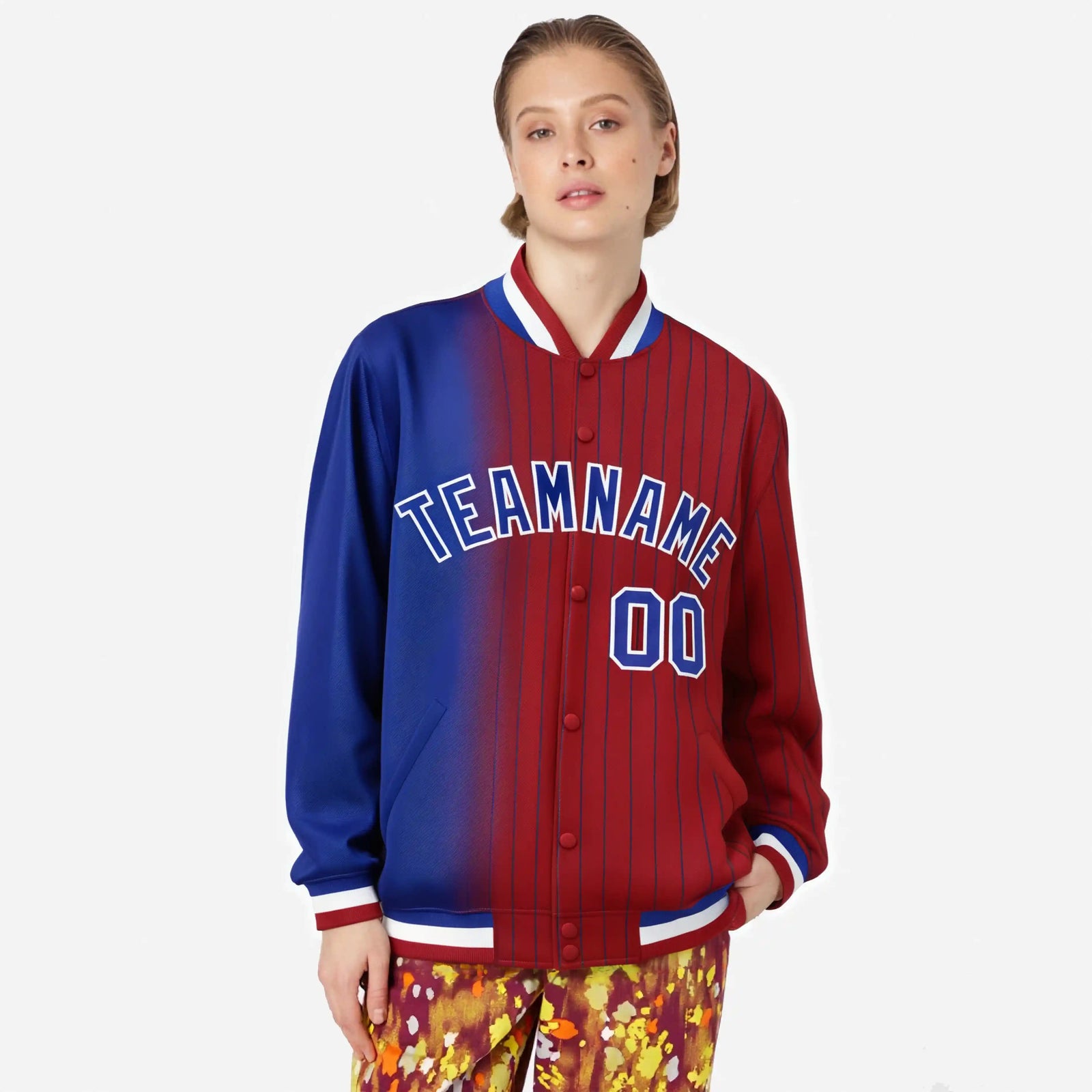 Custom Red Royal Blue Pinstripe White-Royal Blue Gradient Fashion Varsity Full-Snap Jacket