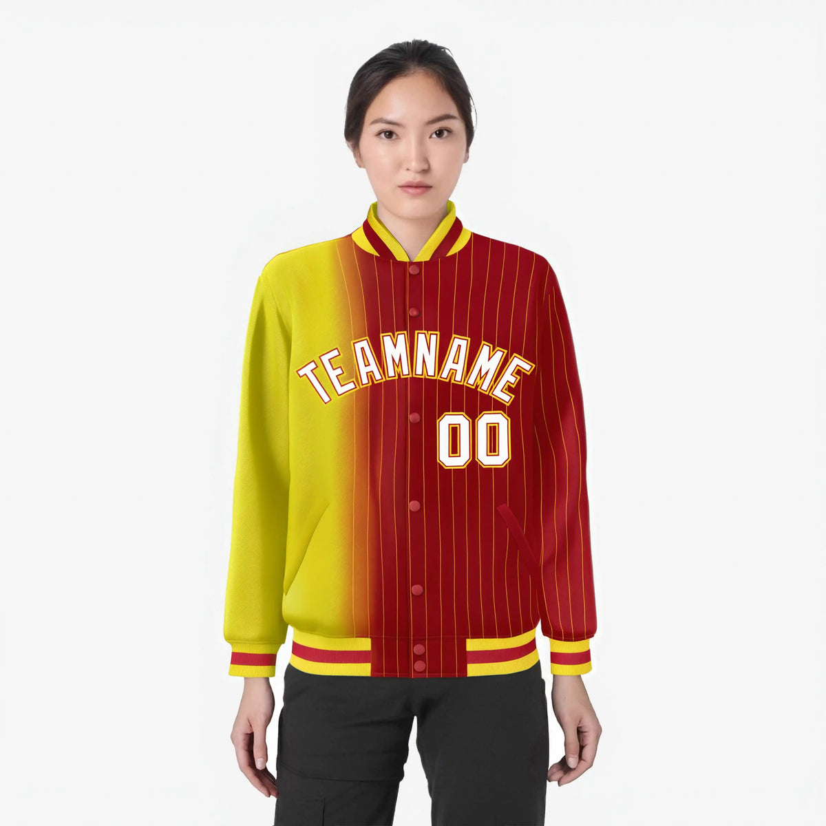 Custom Red Gold Pinstripe White-Gold Gradient Fashion Varsity Full-Snap Jacket