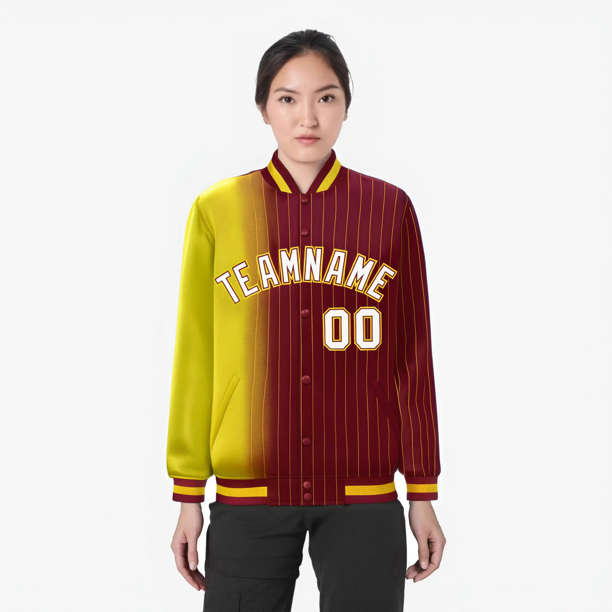 Custom Crimson Gold Pinstripe White-Gold Gradient Fashion Varsity Full-Snap Jacket