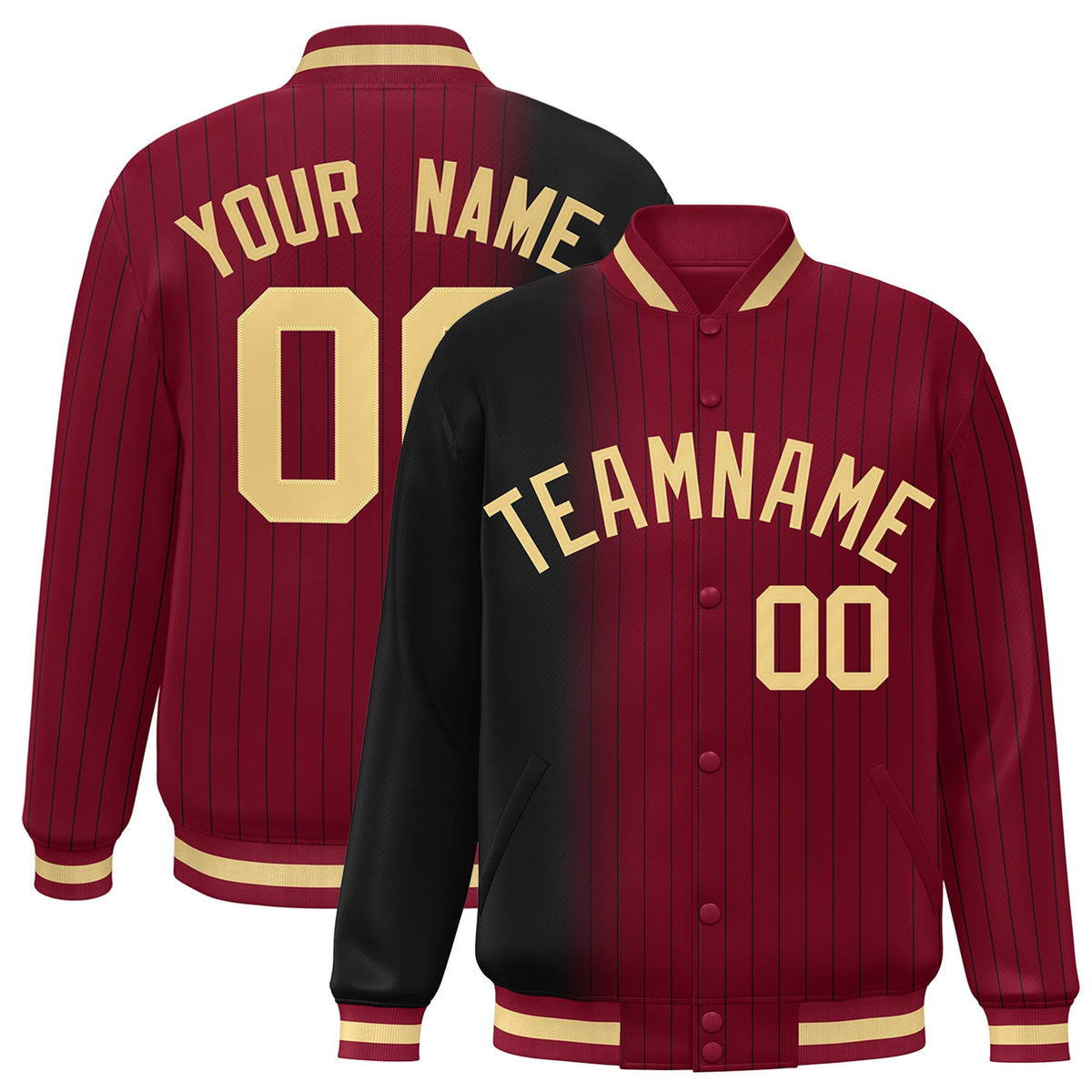 Custom Crimson Black Pinstripe Old Gold-Black Gradient Fashion Varsity Full-Snap Jacket