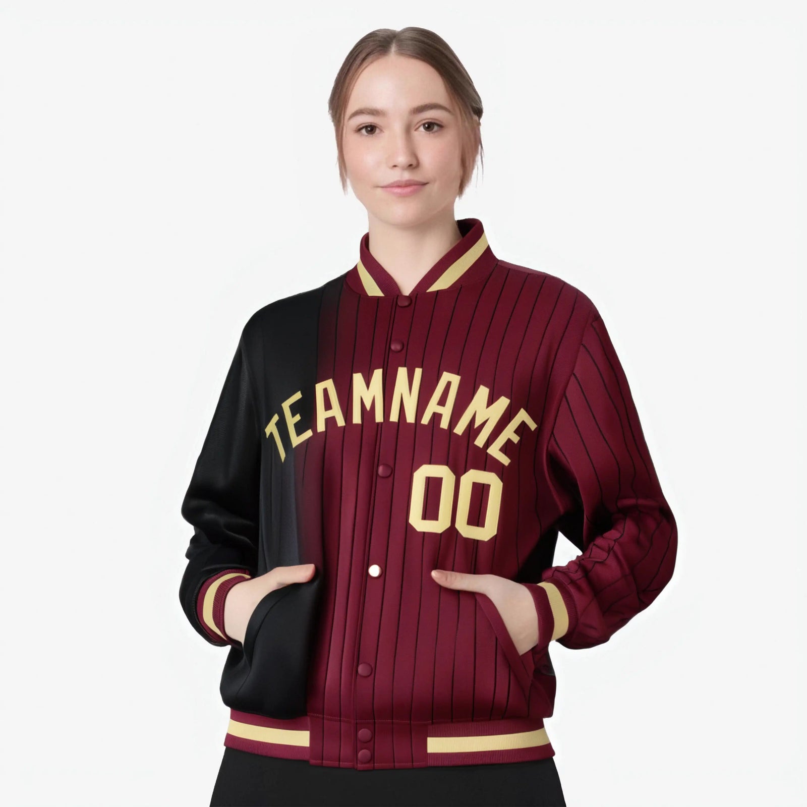 Custom Crimson Black Pinstripe Old Gold-Black Gradient Fashion Varsity Full-Snap Jacket