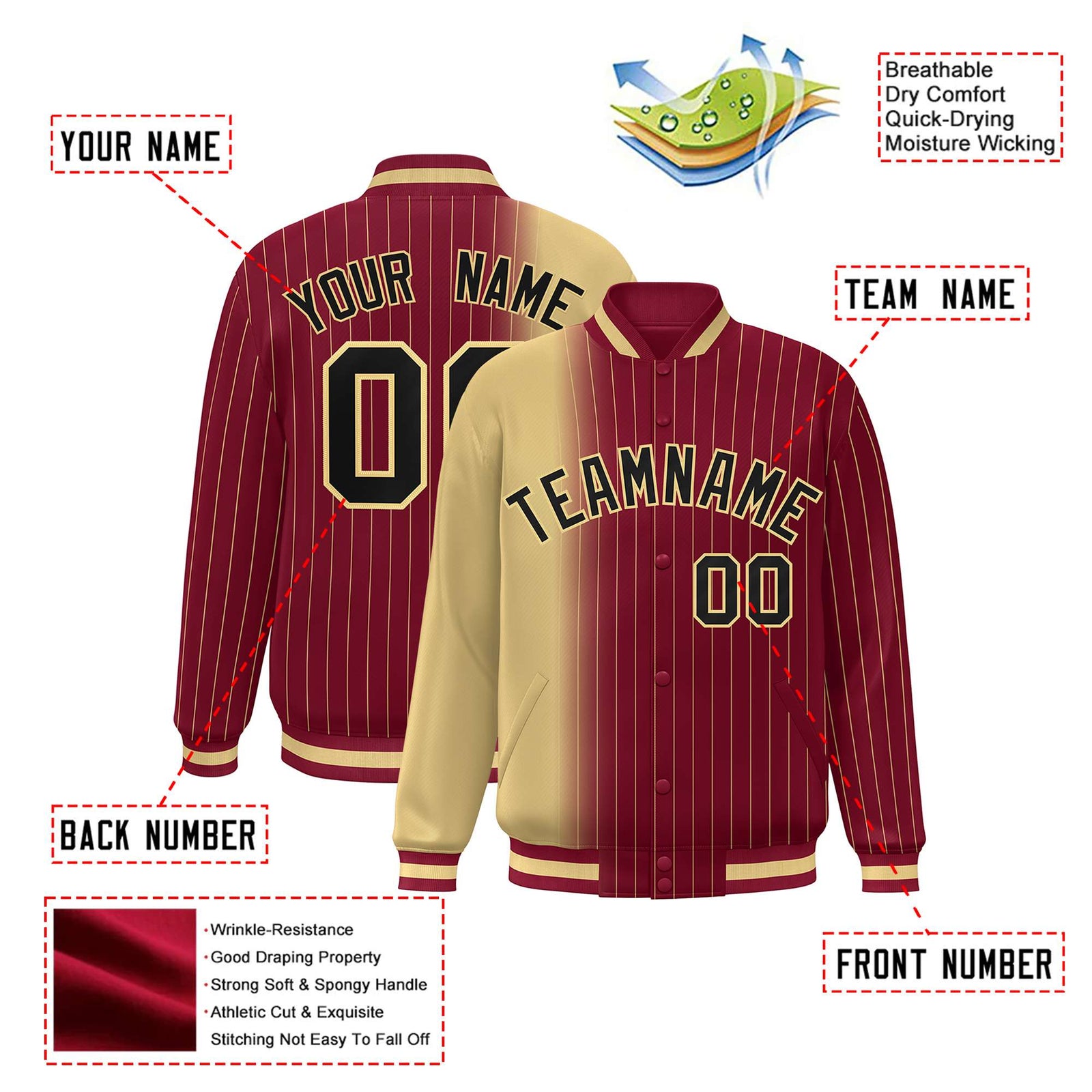 Custom Crimson Khaki Pinstripe Black-Khaki Gradient Fashion Varsity Full-Snap Jacket