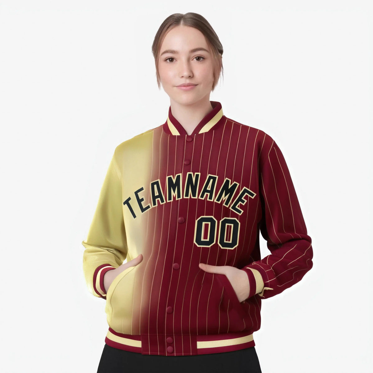 Custom Crimson Khaki Pinstripe Black-Khaki Gradient Fashion Varsity Full-Snap Jacket