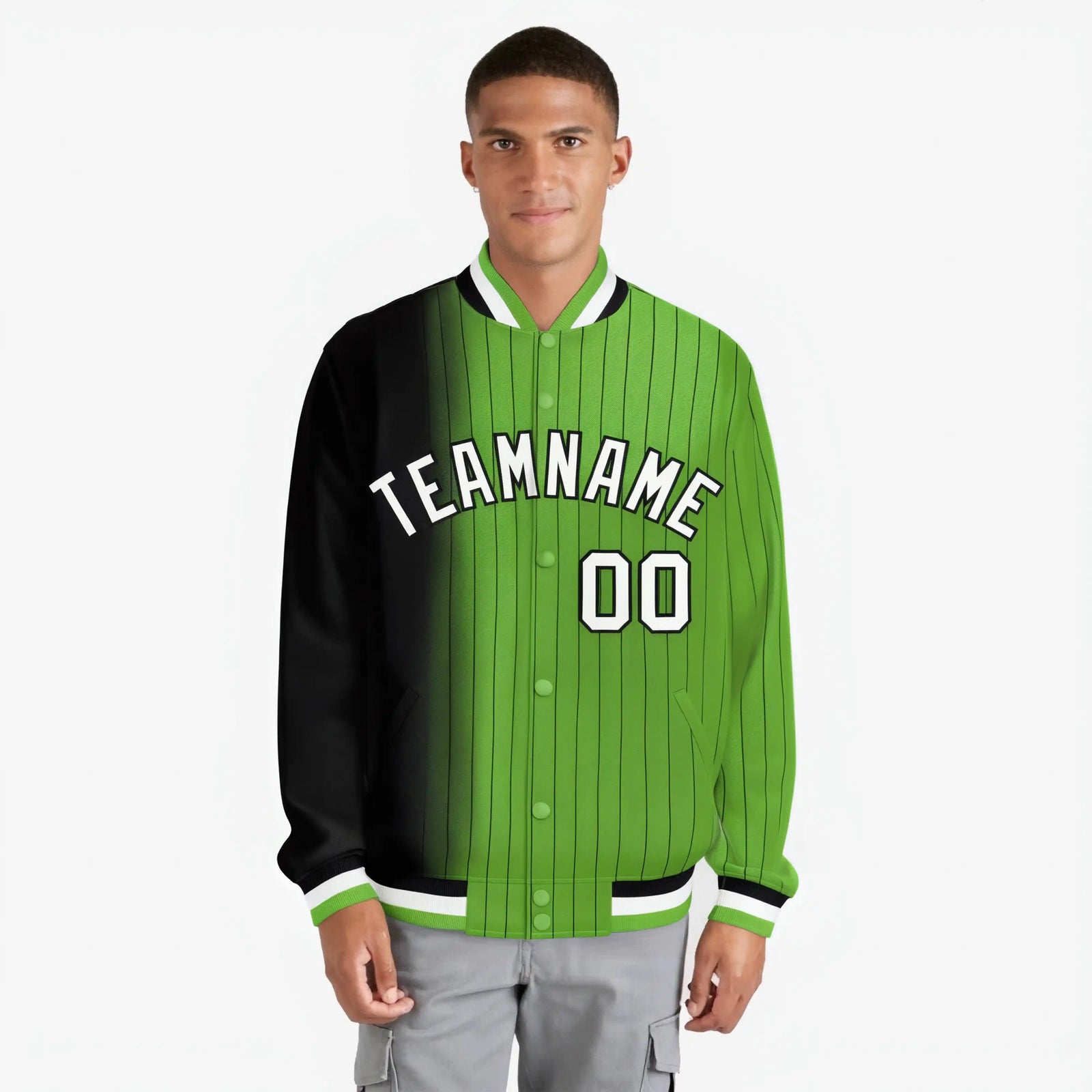 Custom Neon Green Black Pinstripe White-Black Gradient Fashion Varsity Full-Snap Jacket