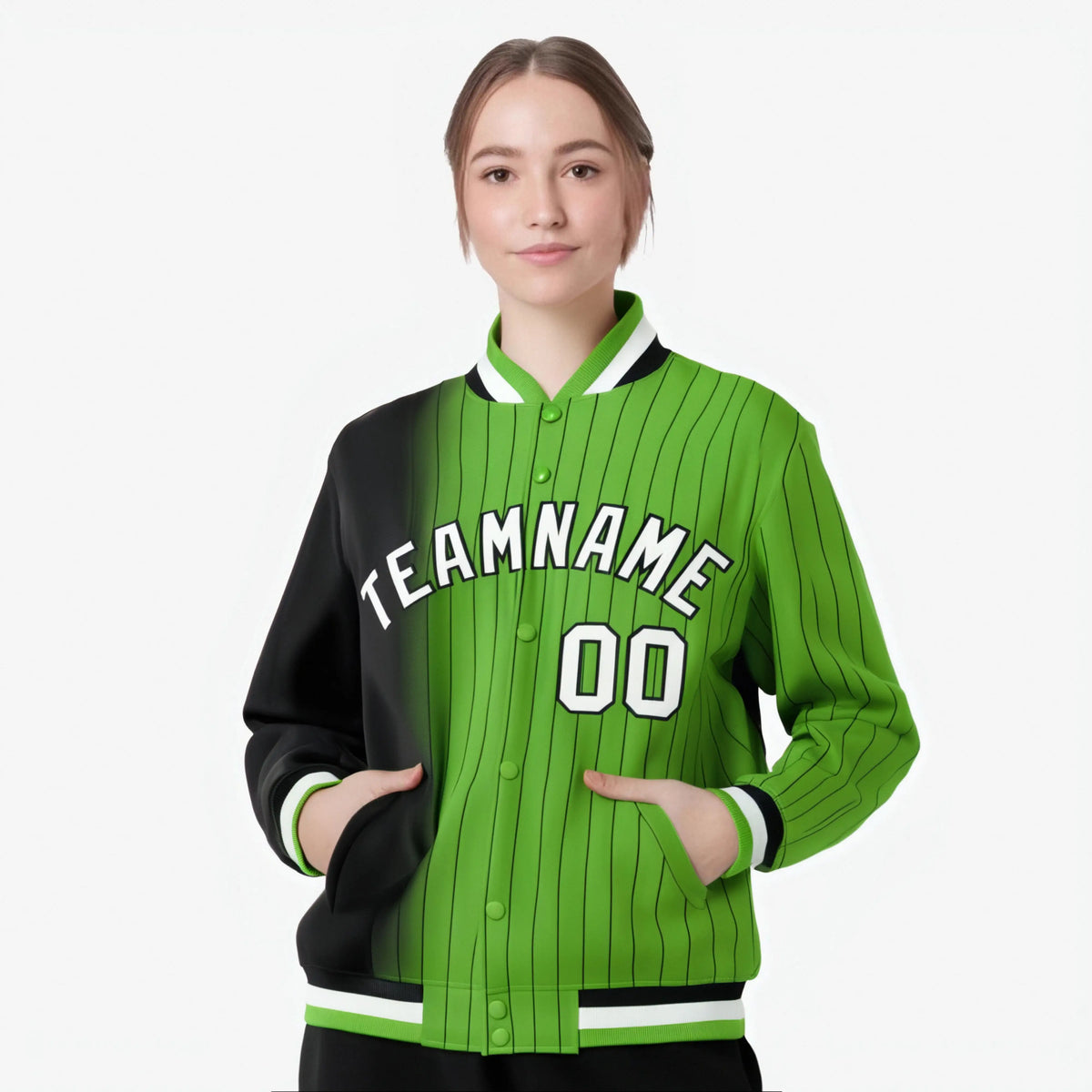Custom Neon Green Black Pinstripe White-Black Gradient Fashion Varsity Full-Snap Jacket