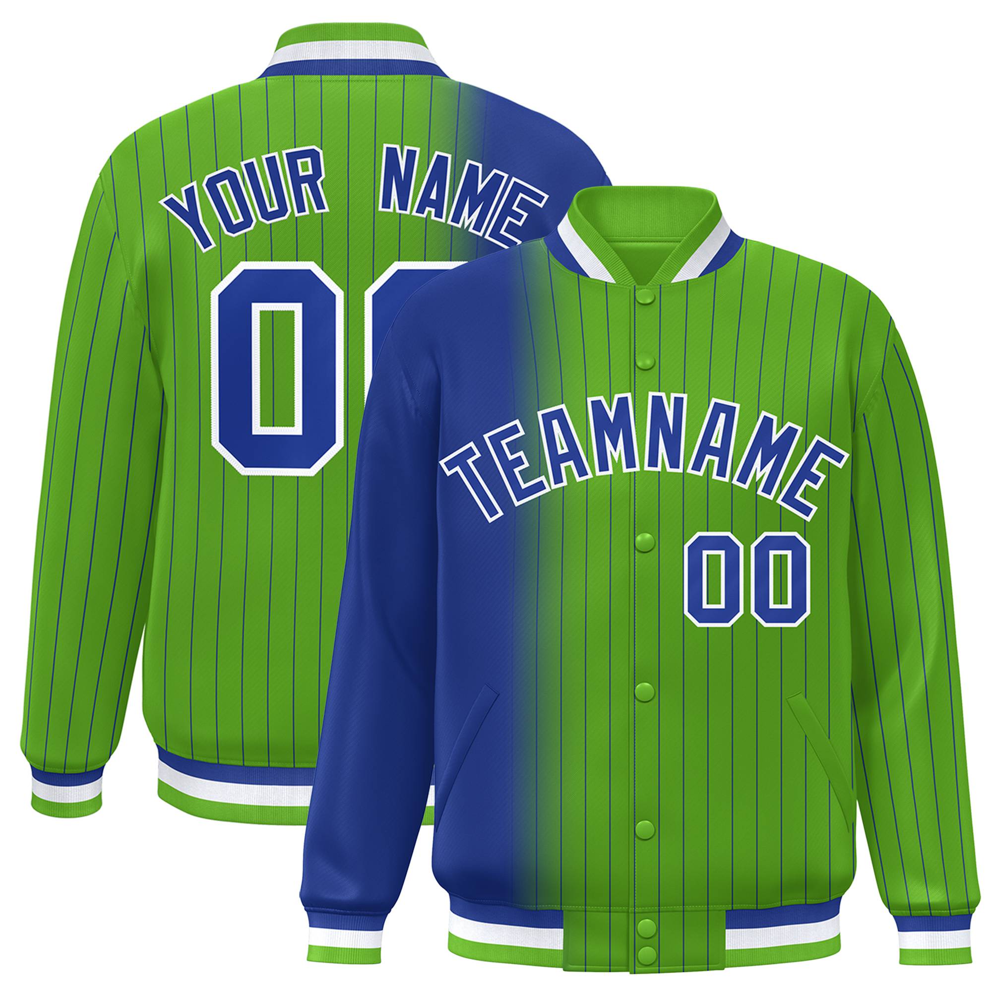 Custom Neon Green Royal-Blue Pinstripe White-Royal Blue Gradient Fashion Varsity Full-Snap Jacket