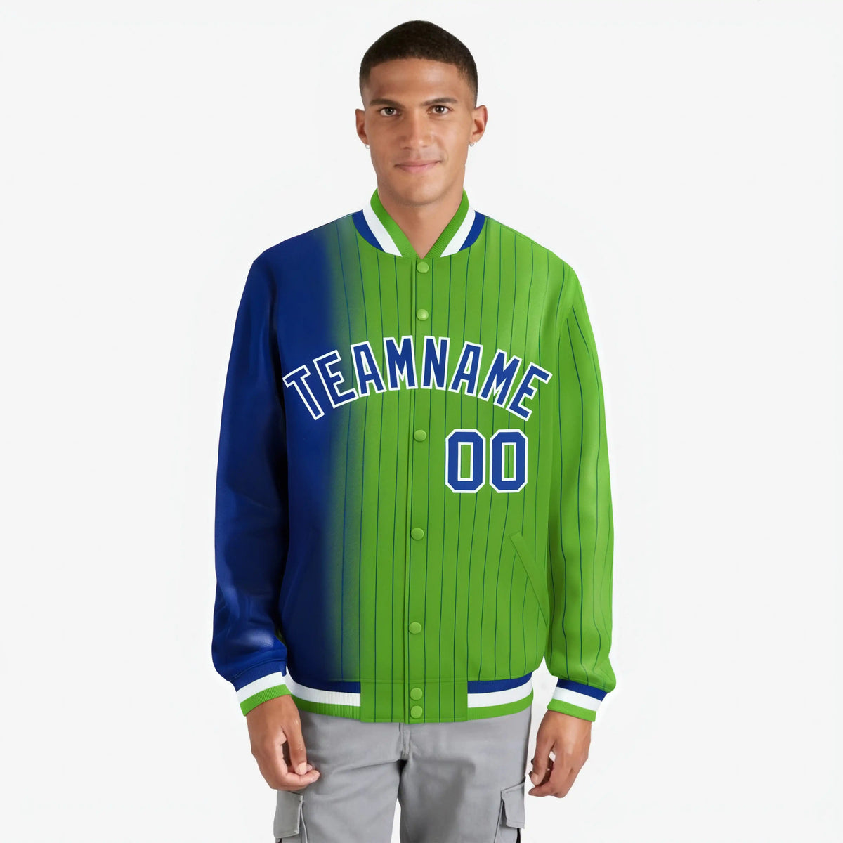 Custom Neon Green Royal-Blue Pinstripe White-Royal Blue Gradient Fashion Varsity Full-Snap Jacket