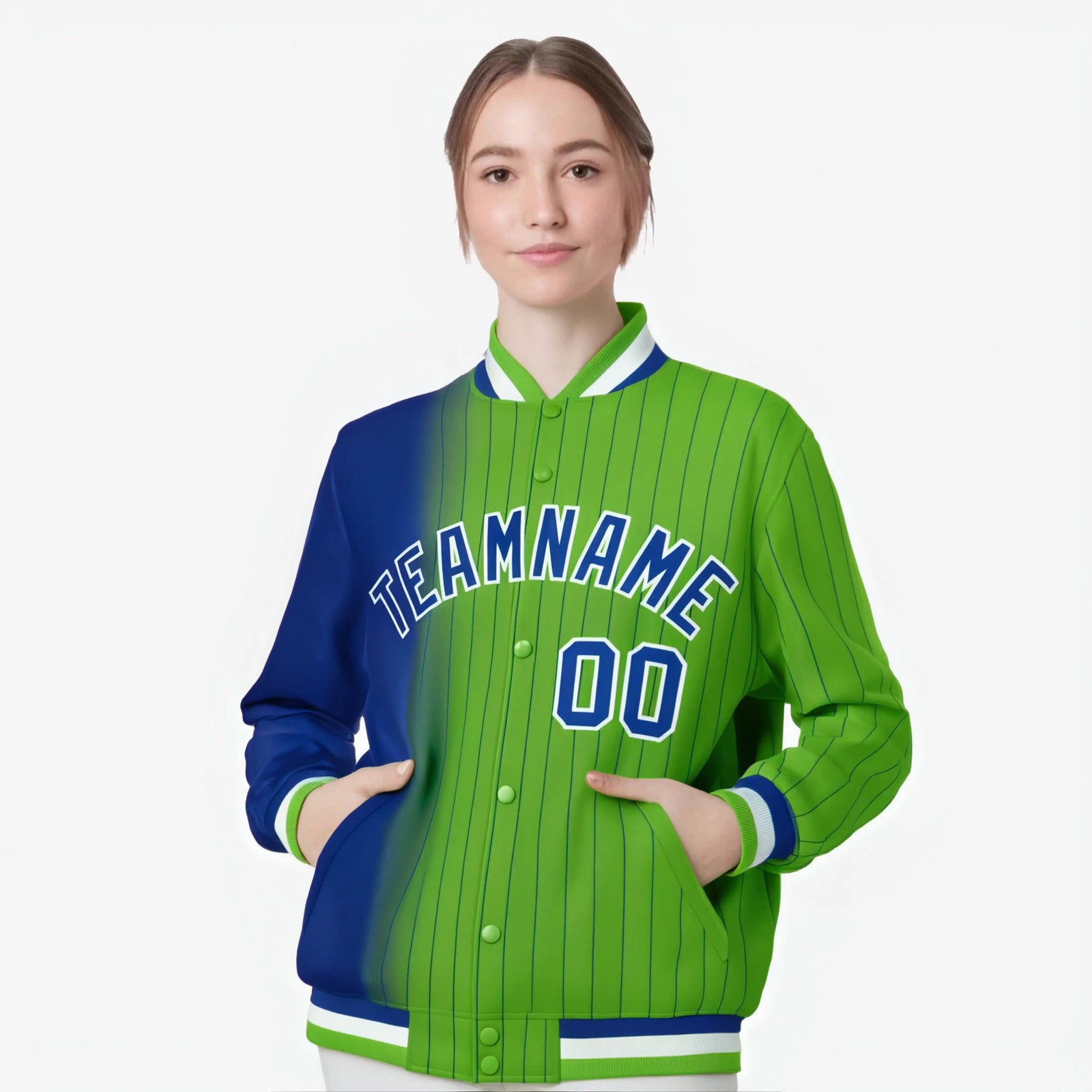 Custom Neon Green Royal-Blue Pinstripe White-Royal Blue Gradient Fashion Varsity Full-Snap Jacket