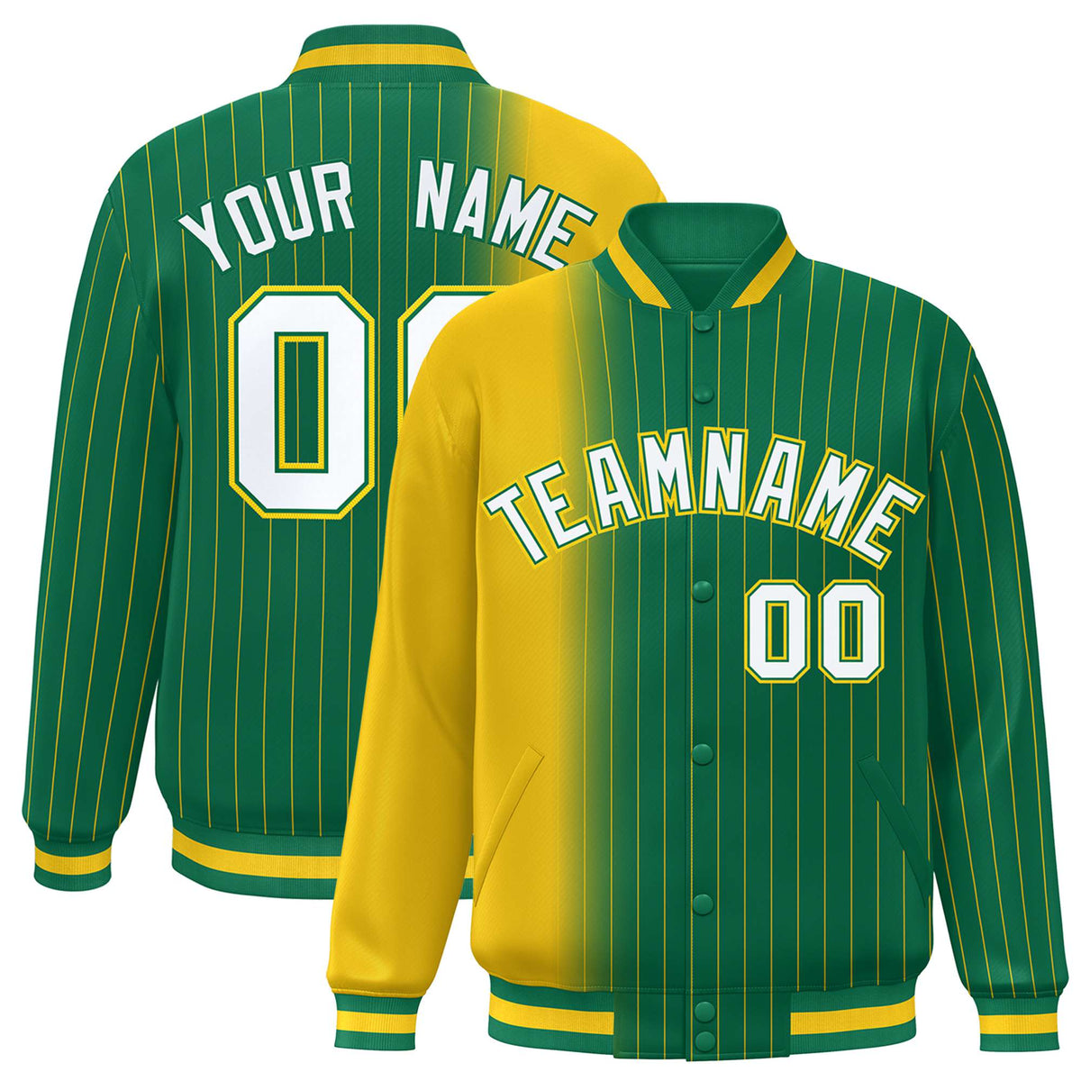 Custom Kelly Green Gold Pinstripe White-Gold Gradient Fashion Varsity Full-Snap Jacket