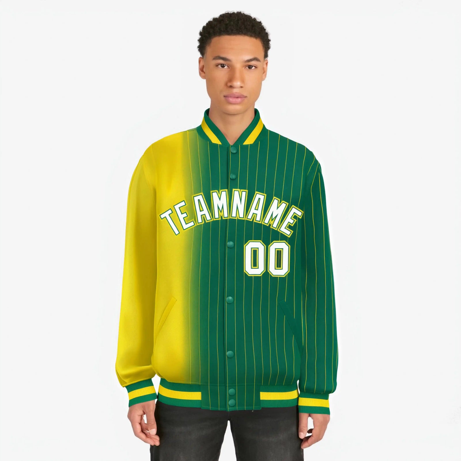 Custom Kelly Green Gold Pinstripe White-Gold Gradient Fashion Varsity Full-Snap Jacket