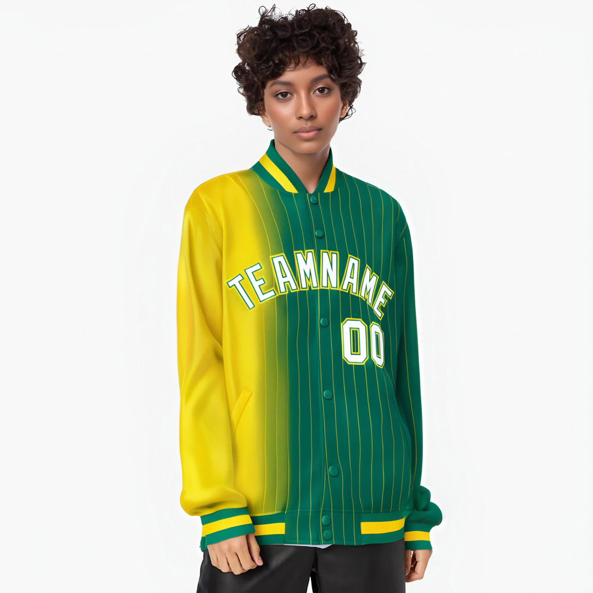 Custom Kelly Green Gold Pinstripe White-Gold Gradient Fashion Varsity Full-Snap Jacket