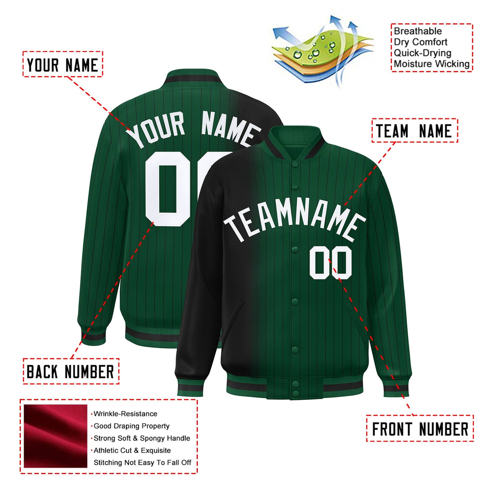 Custom Green Black Pinstripe White-Black Gradient Fashion Varsity Full-Snap Jacket