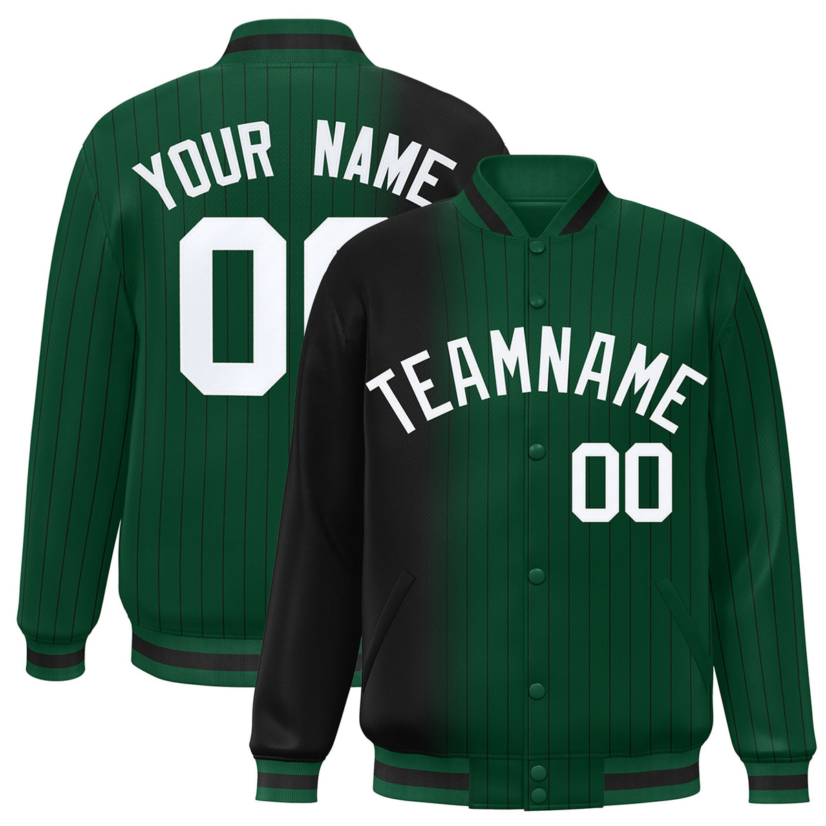 Custom Green Black Pinstripe White-Black Gradient Fashion Varsity Full-Snap Jacket