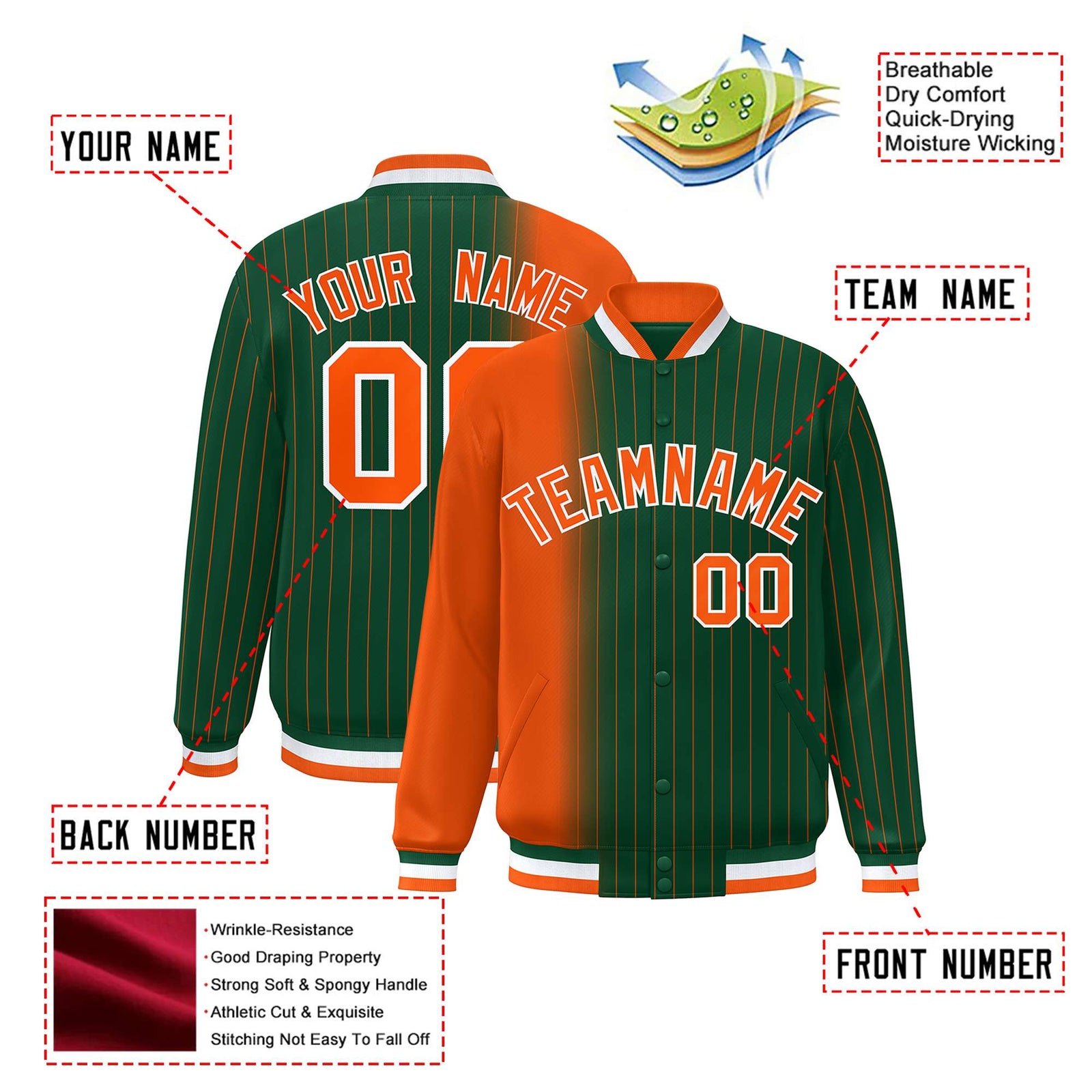 Custom Green Orange Pinstripe White-Orange Gradient Fashion Varsity Full-Snap Jacket