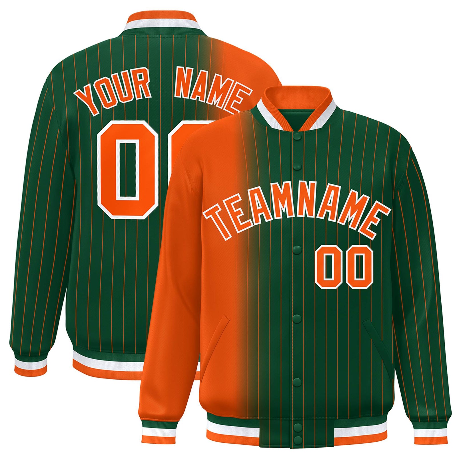 Custom Green Orange Pinstripe White-Orange Gradient Fashion Varsity Full-Snap Jacket