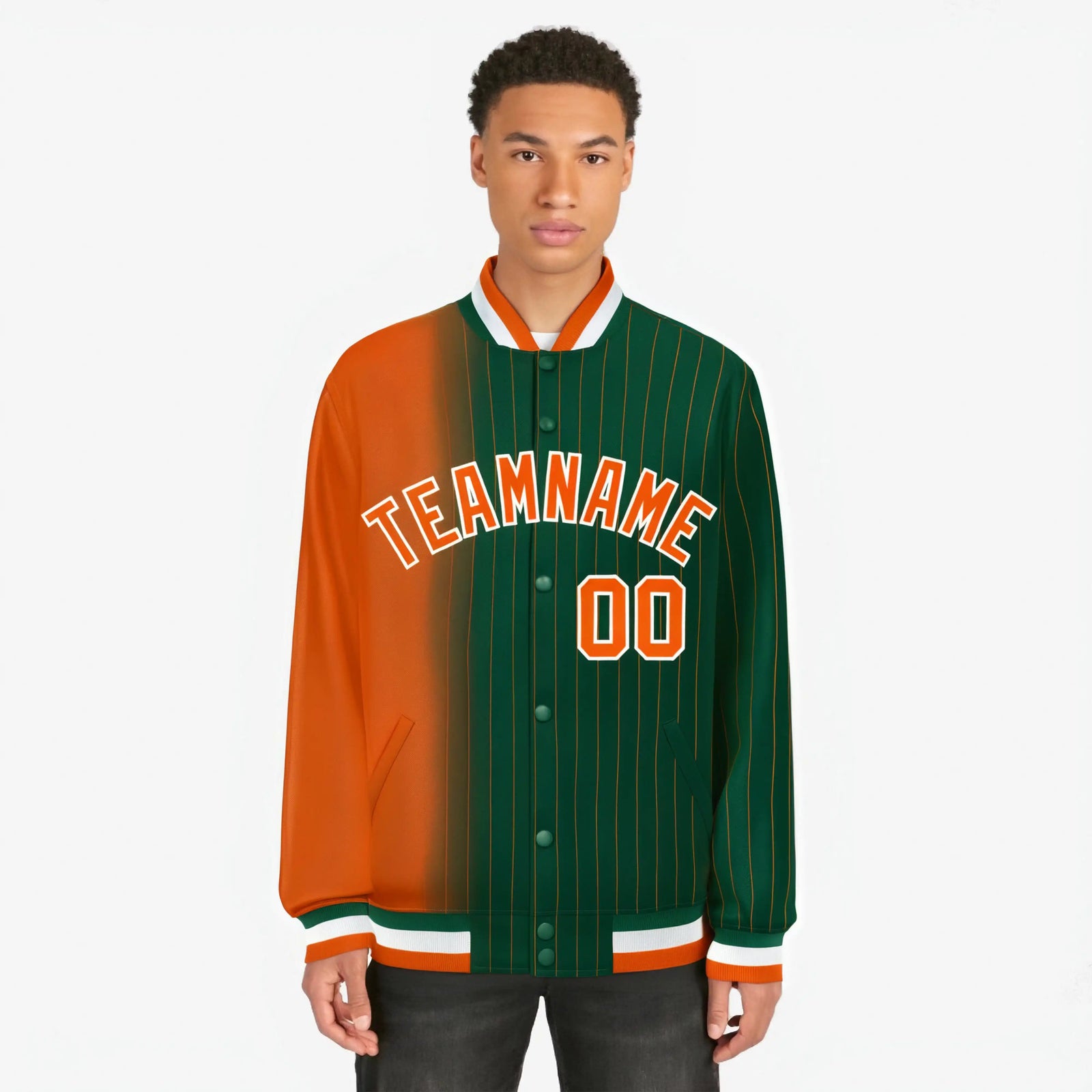 Custom Green Orange Pinstripe White-Orange Gradient Fashion Varsity Full-Snap Jacket