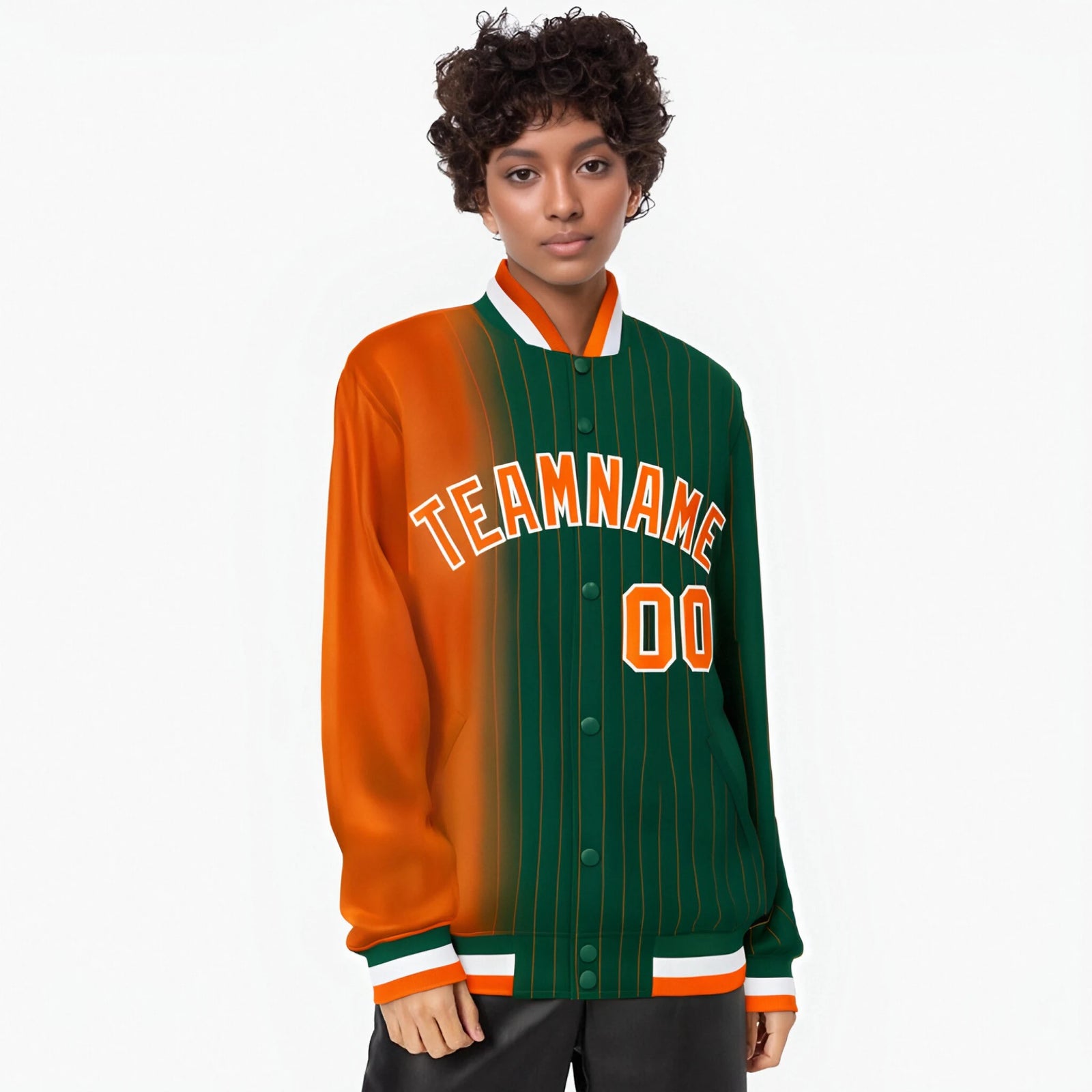 Custom Green Orange Pinstripe White-Orange Gradient Fashion Varsity Full-Snap Jacket