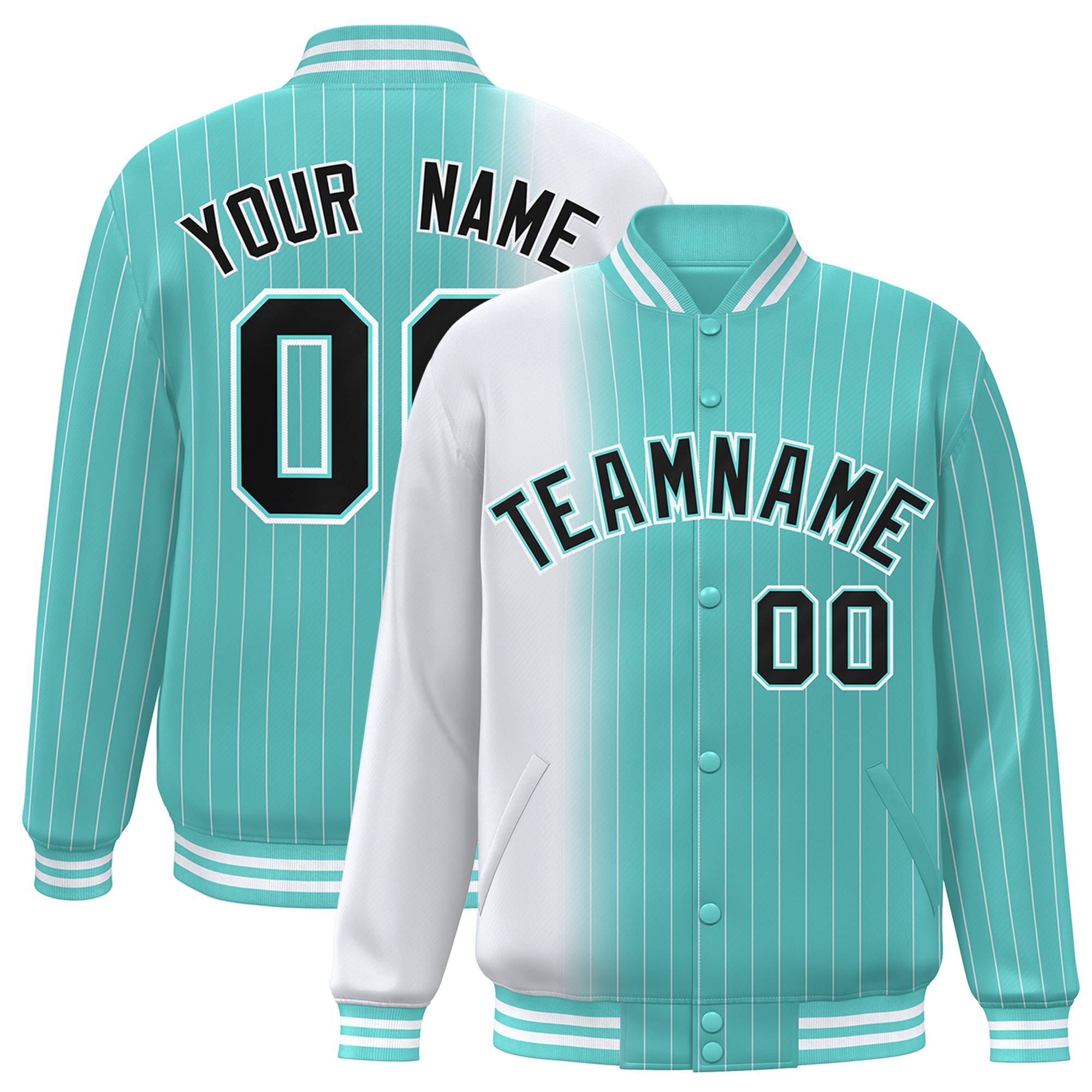 Custom Aqua White Pinstripe Black-White Gradient Fashion Varsity Full-Snap Jacket