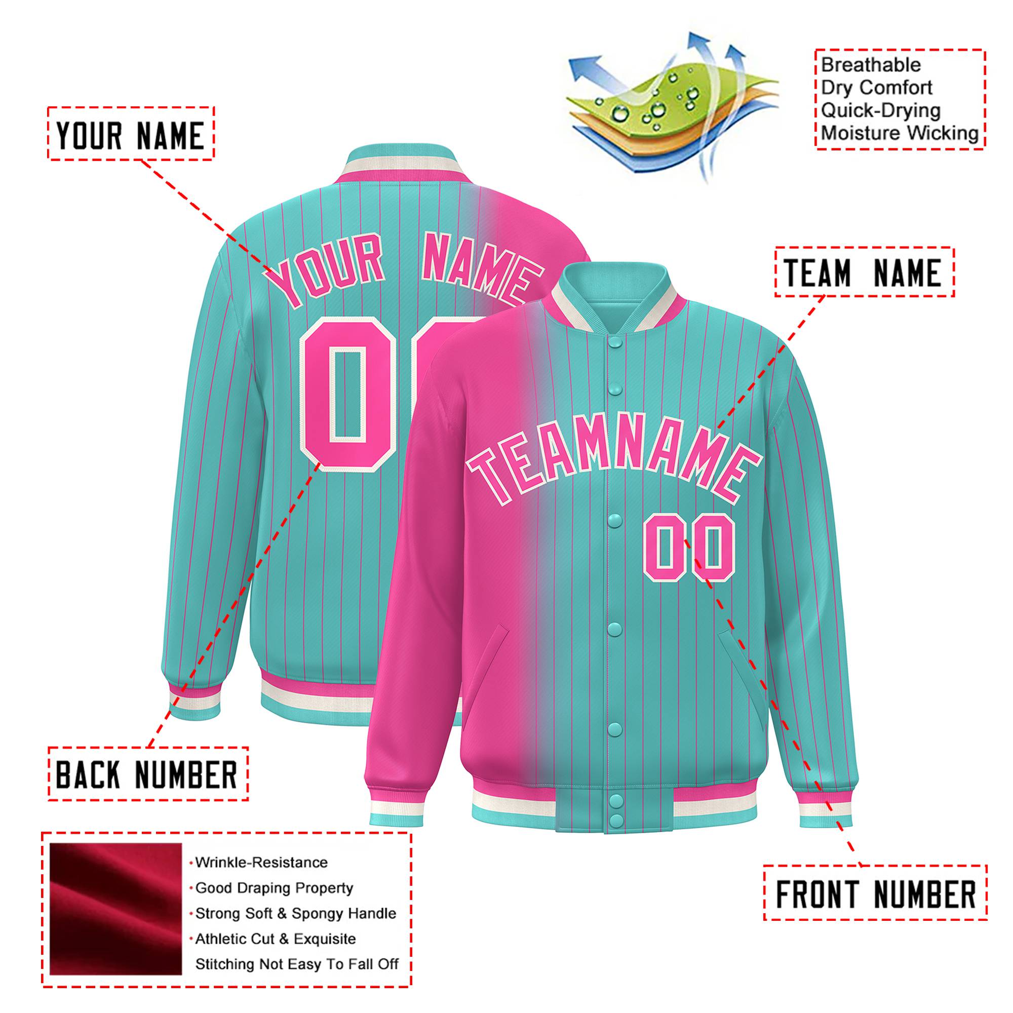 Custom Aqua Pink Pinstripe White-Pink Gradient Fashion Varsity Full-Snap Jacket