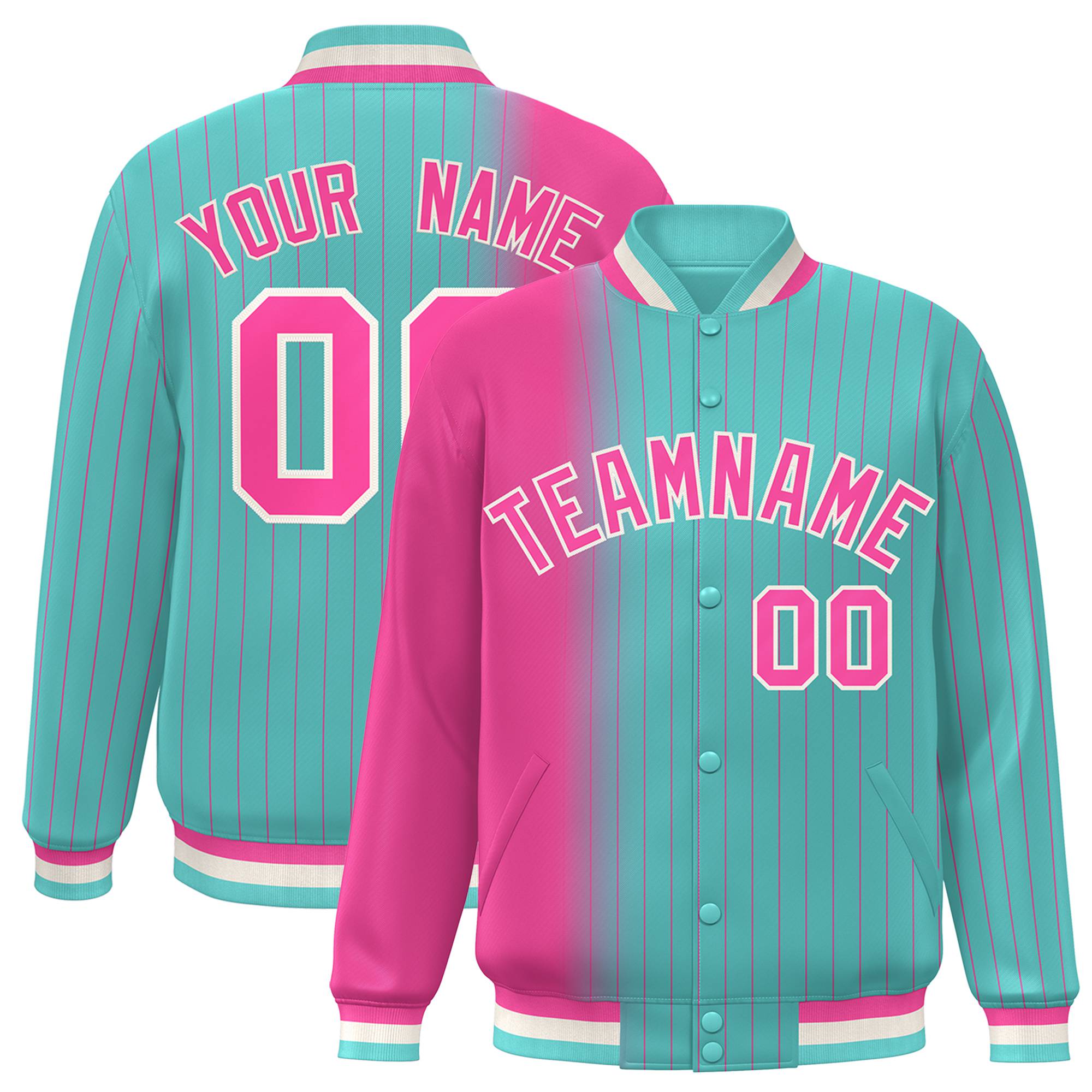 Custom Aqua Pink Pinstripe White-Pink Gradient Fashion Varsity Full-Snap Jacket