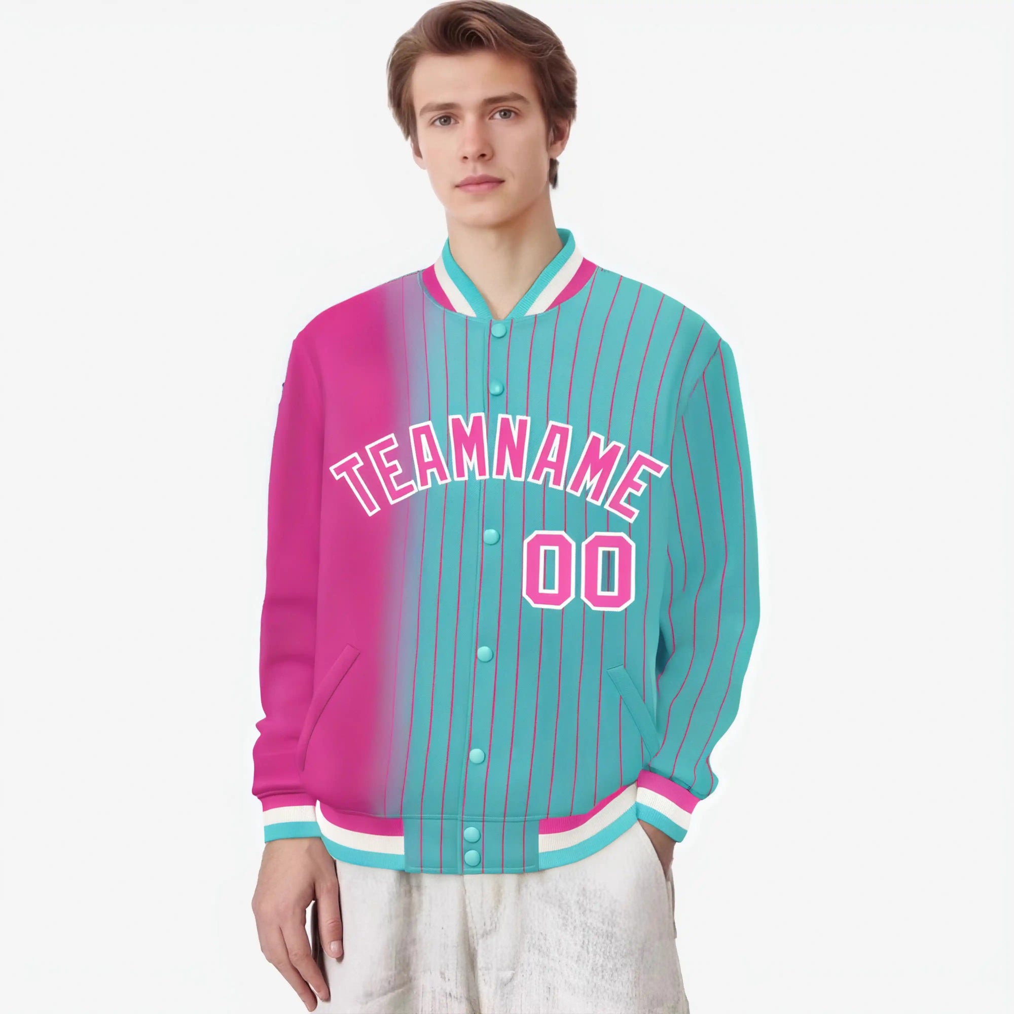 Custom Aqua Pink Pinstripe White-Pink Gradient Fashion Varsity Full-Snap Jacket