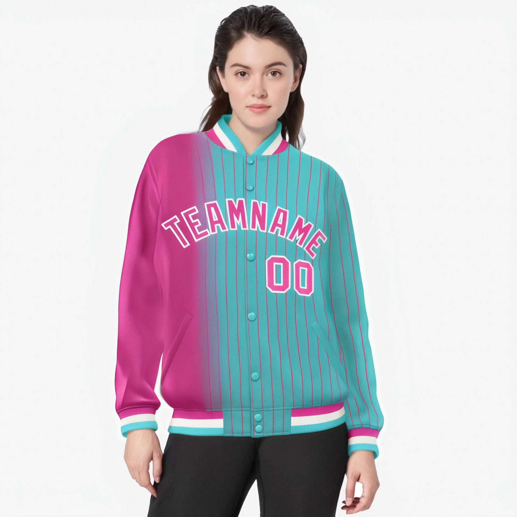 Custom Aqua Pink Pinstripe White-Pink Gradient Fashion Varsity Full-Snap Jacket