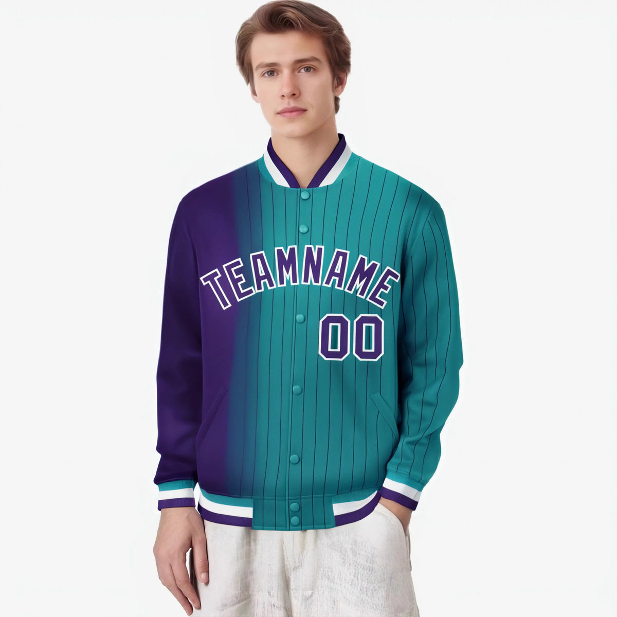 Custom Aqua Purple Pinstripe White-Purple Gradient Fashion Varsity Full-Snap Jacket